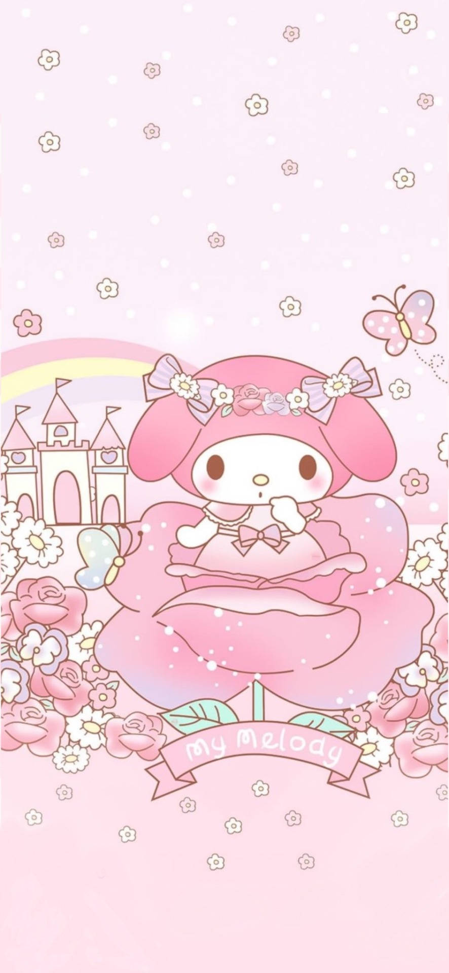 my 桌布 壁紙 — My Melody 身穿粉紅色連衣裙坐在玫瑰上，城堡、彩虹和蝴蝶在粉彩粉紅色的天空中。