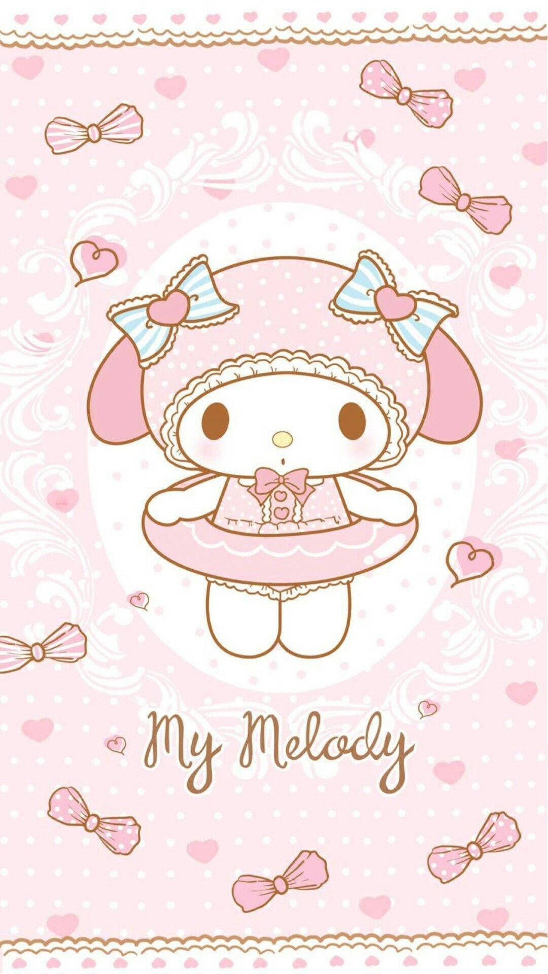 my 桌布 壁紙 — My Melody 身穿粉紅色連衣裙，繫著蝴蝶結，在粉彩粉紅色背景上的心形和漩渦中漂浮。
