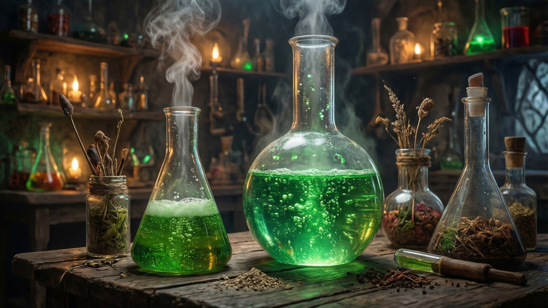 Alchemist's Laboratory 壁紙 — 一個神秘的煉金術實驗室，玻璃燒瓶中冒著蒸汽的綠色藥水在沸騰，周圍環繞著乾燥的草藥和發光的瓶子。