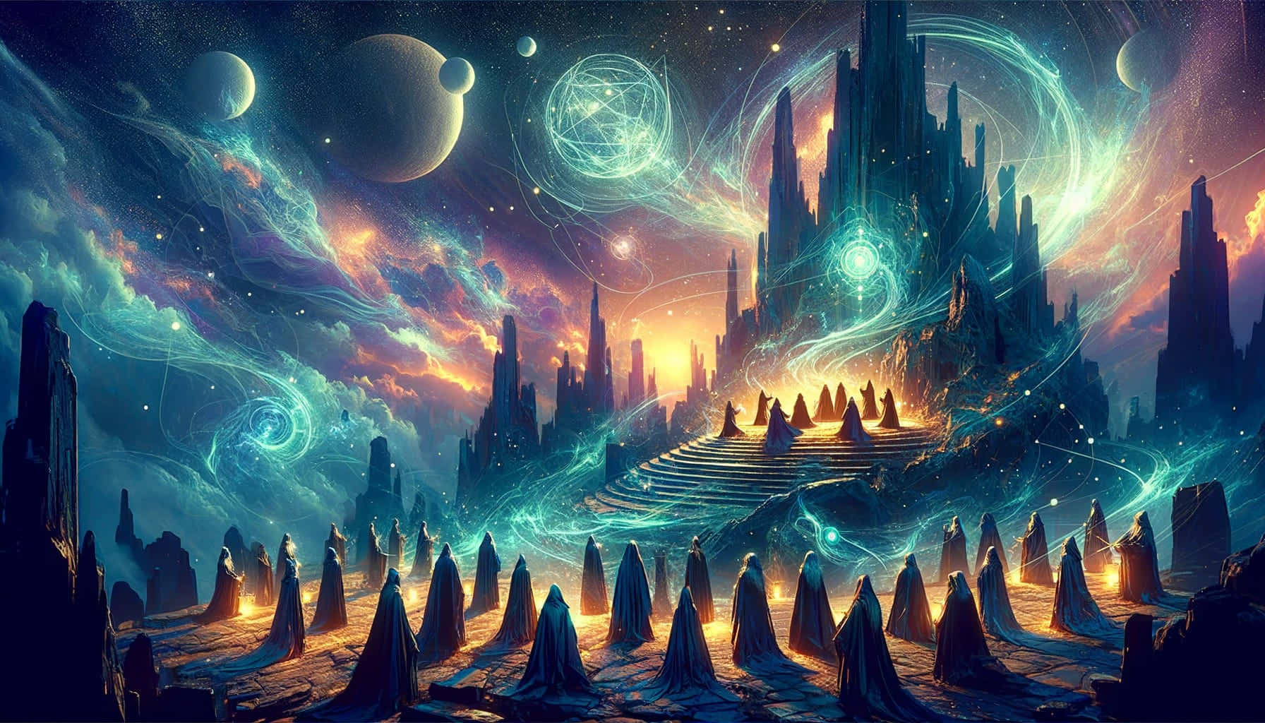  壁紙 — 一個神秘的外星城市，發光的青綠色能量流和漂浮的天體在充滿活力的宇宙天空下。