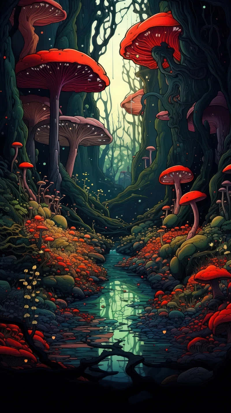 壁紙 — 一條神秘森林小徑蜿蜒穿過巨大發光紅色蘑菇，上方是柔和霧氣籠罩的樹冠。
