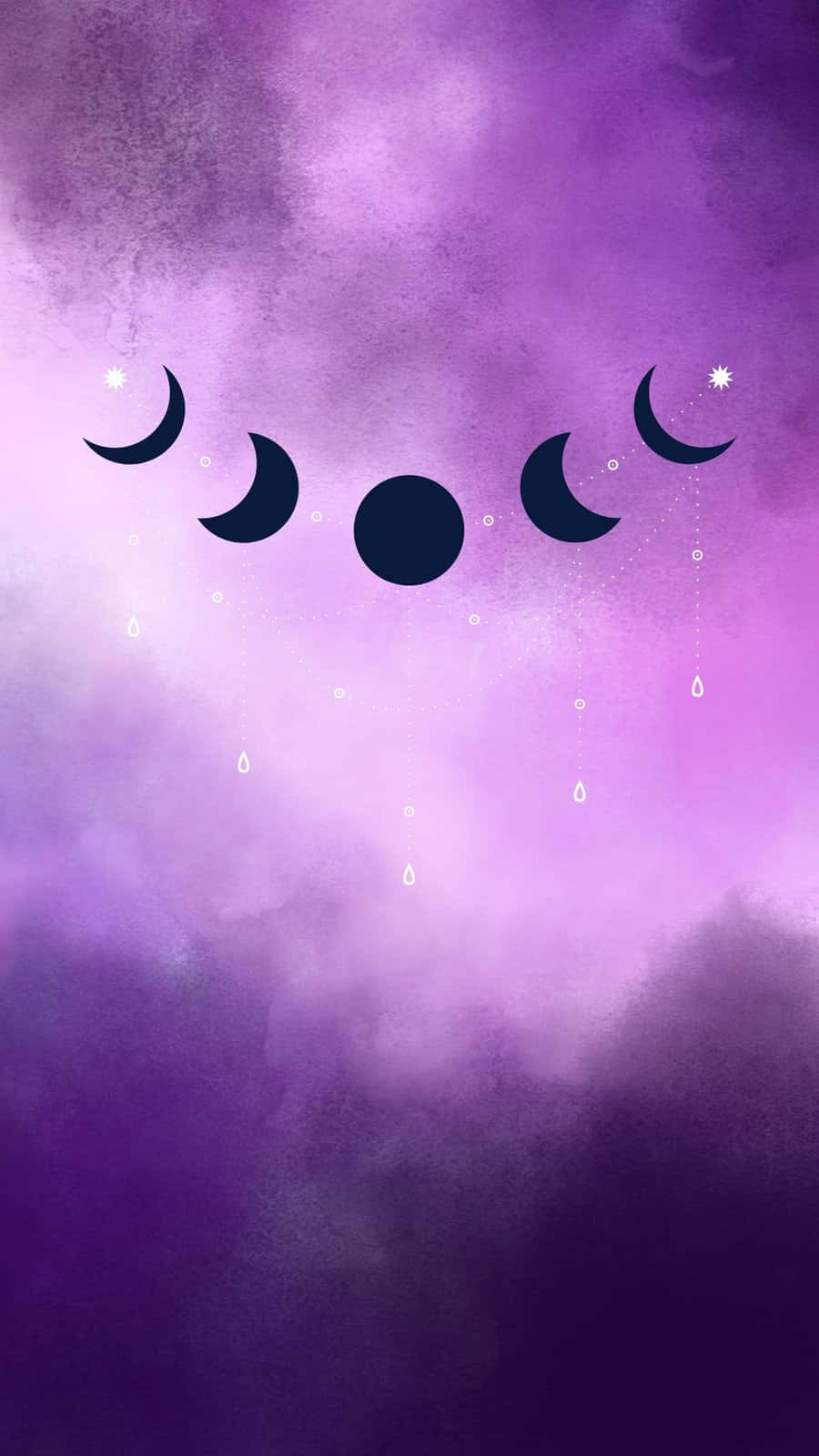  壁紙 — 神秘的紫色天空，帶有風格化的月相和發光的星星，形成一個寧靜的天體面孔。