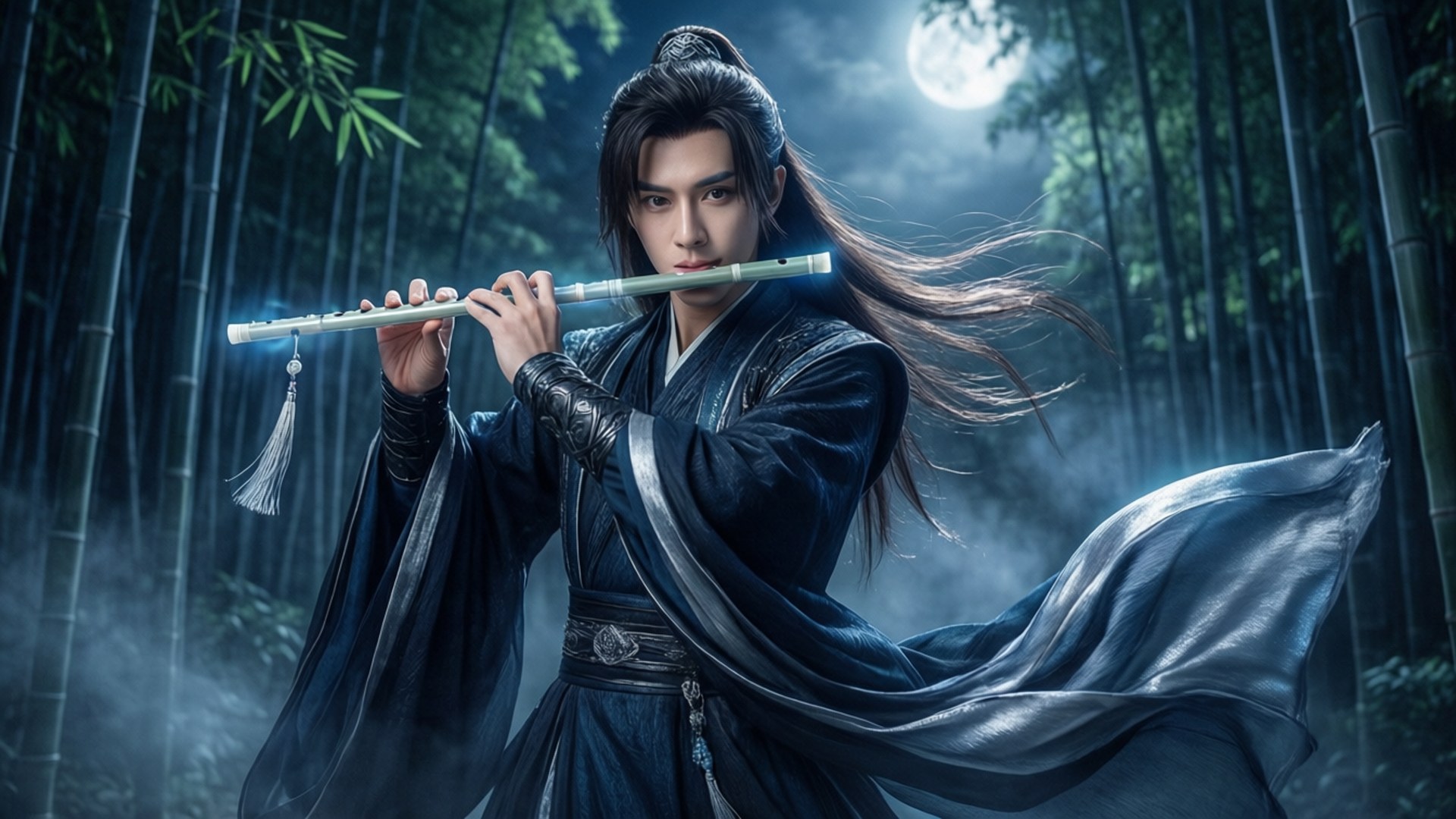魔道祖師 桌布 壁紙 — 一位神秘戰士身穿黑衣，在滿月下的霧竹林裡吹奏發光的笛子。