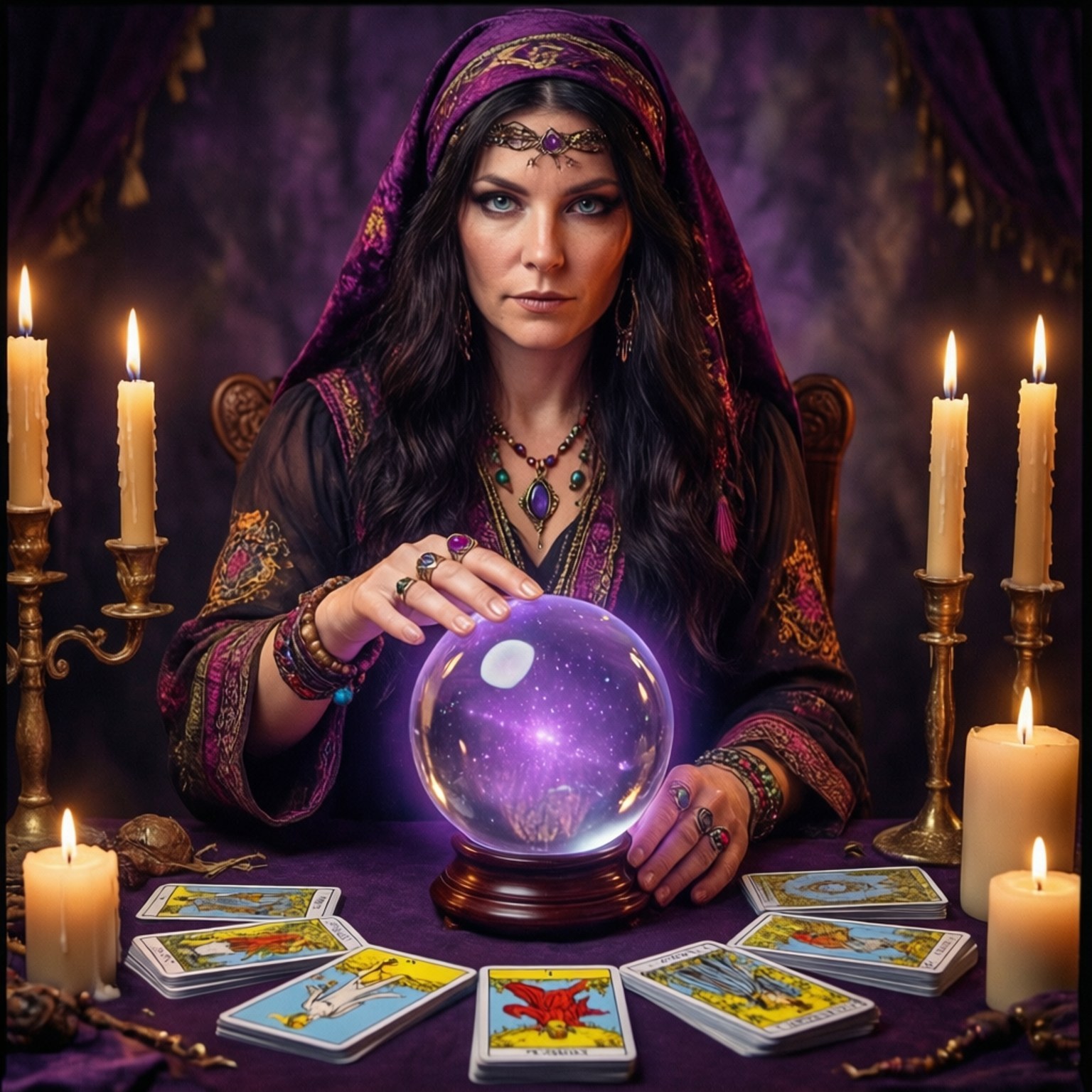 Fortune Teller's Table 壁紙 — 一位身穿紫色長袍的神秘女子，專注地凝視著一顆發光的水晶球，周圍環繞著點燃的蠟燭和散落的塔羅牌。