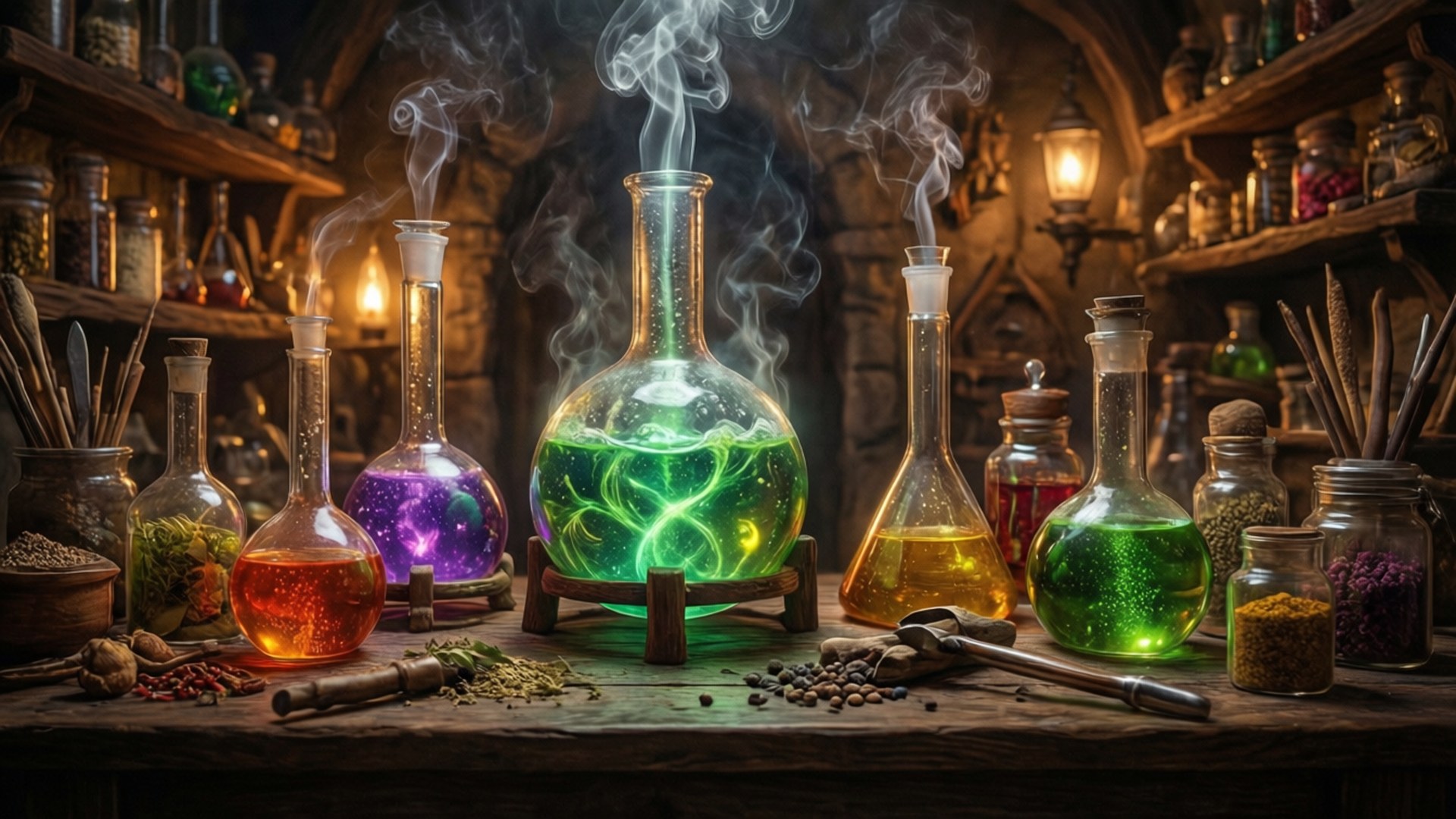 Alchemy Lab Potions 壁紙 — 一個神秘的煉金術實驗室，綠色、紫色和橙色的發光藥水在玻璃燒瓶中冒著蒸汽，周圍的木架上擺放著草藥和罐子。