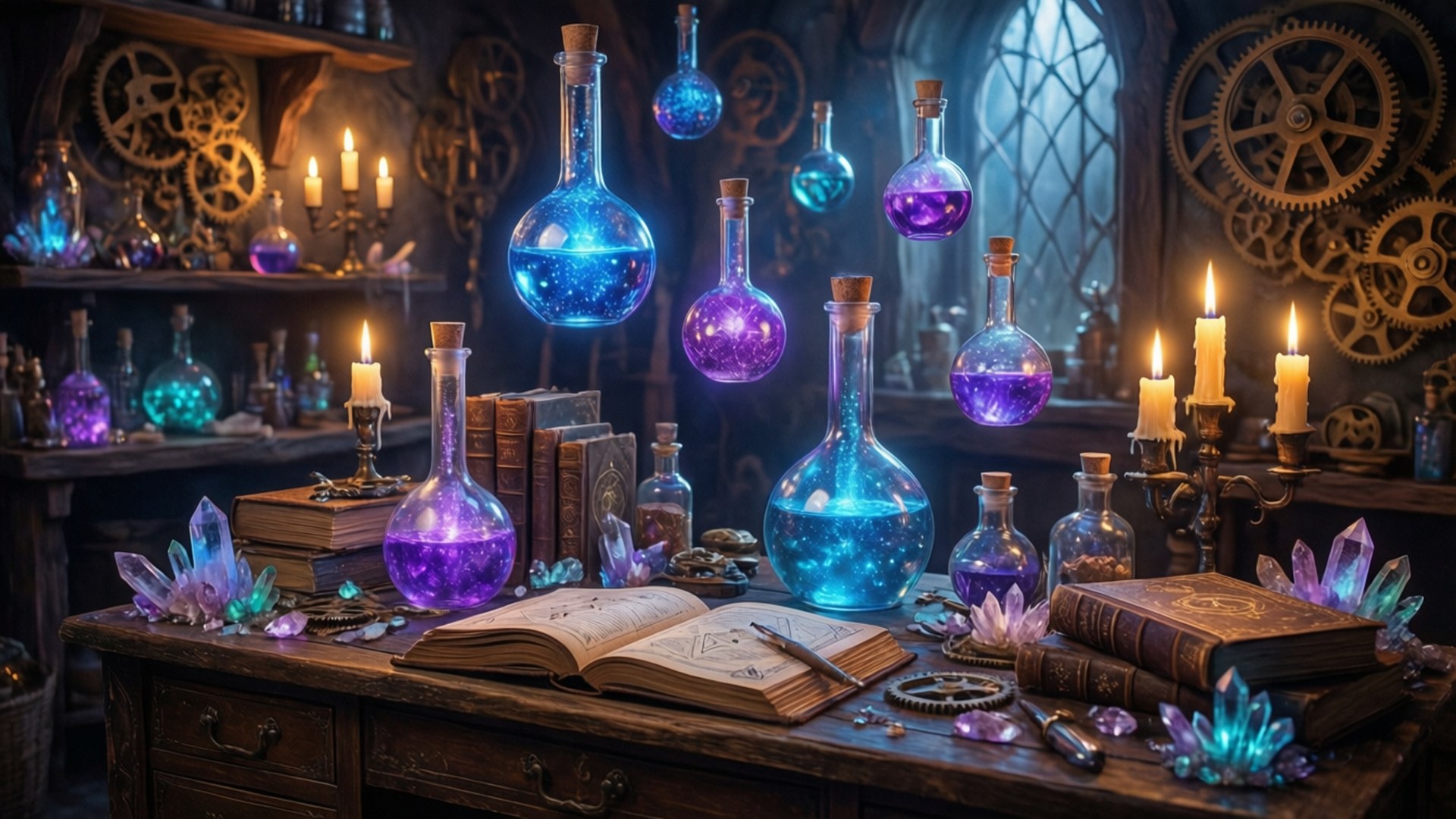 Magical Workshop 桌布 壁紙 — 神秘煉金術師的實驗室，漂浮的發光藥水瓶，周圍環繞著蠟燭、書籍和齒輪。