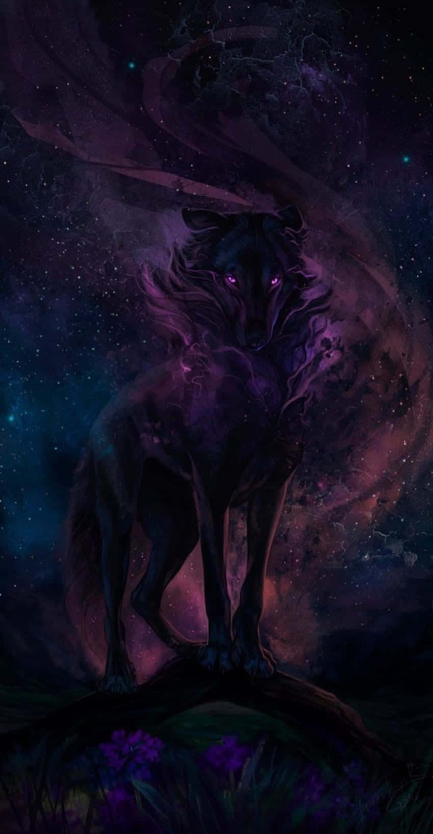  壁紙 — 一隻神秘的黑色狼，擁有發光的紫色眼睛，站在懸崖上，背景是充滿星星的旋轉宇宙星雲。