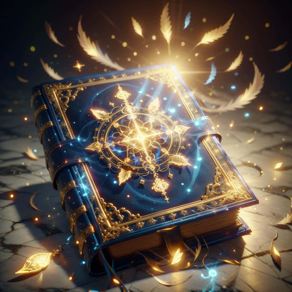  壁紙 — 一本神秘的藍色書籍，帶有金色華麗封面，散發著魔法能量，金色羽毛和閃爍的光芒在周圍旋轉。