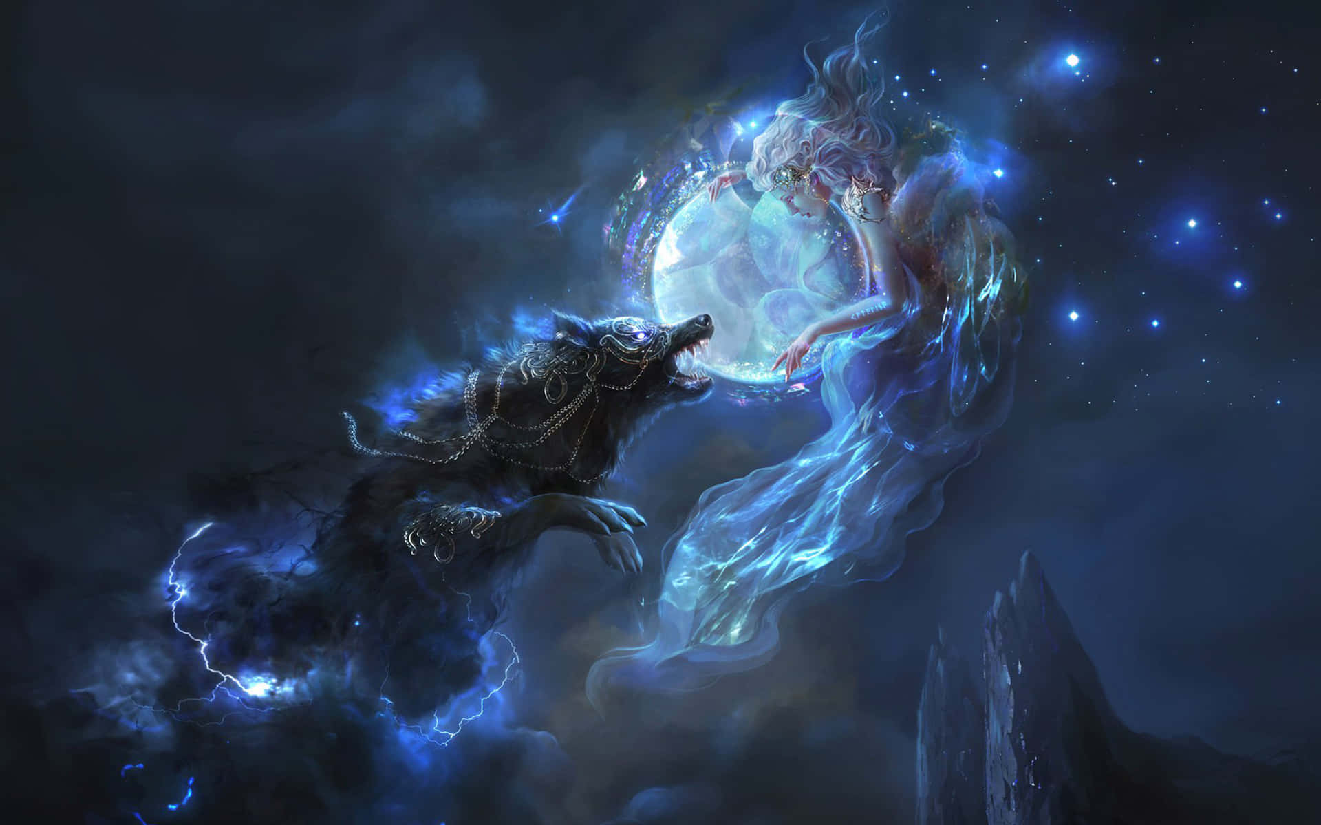  壁紙 — 一位神秘的藍髮女子身穿飄逸長袍，在星光燦爛的夜空下，於一輪發光的月亮前與一頭黑狼對峙。
