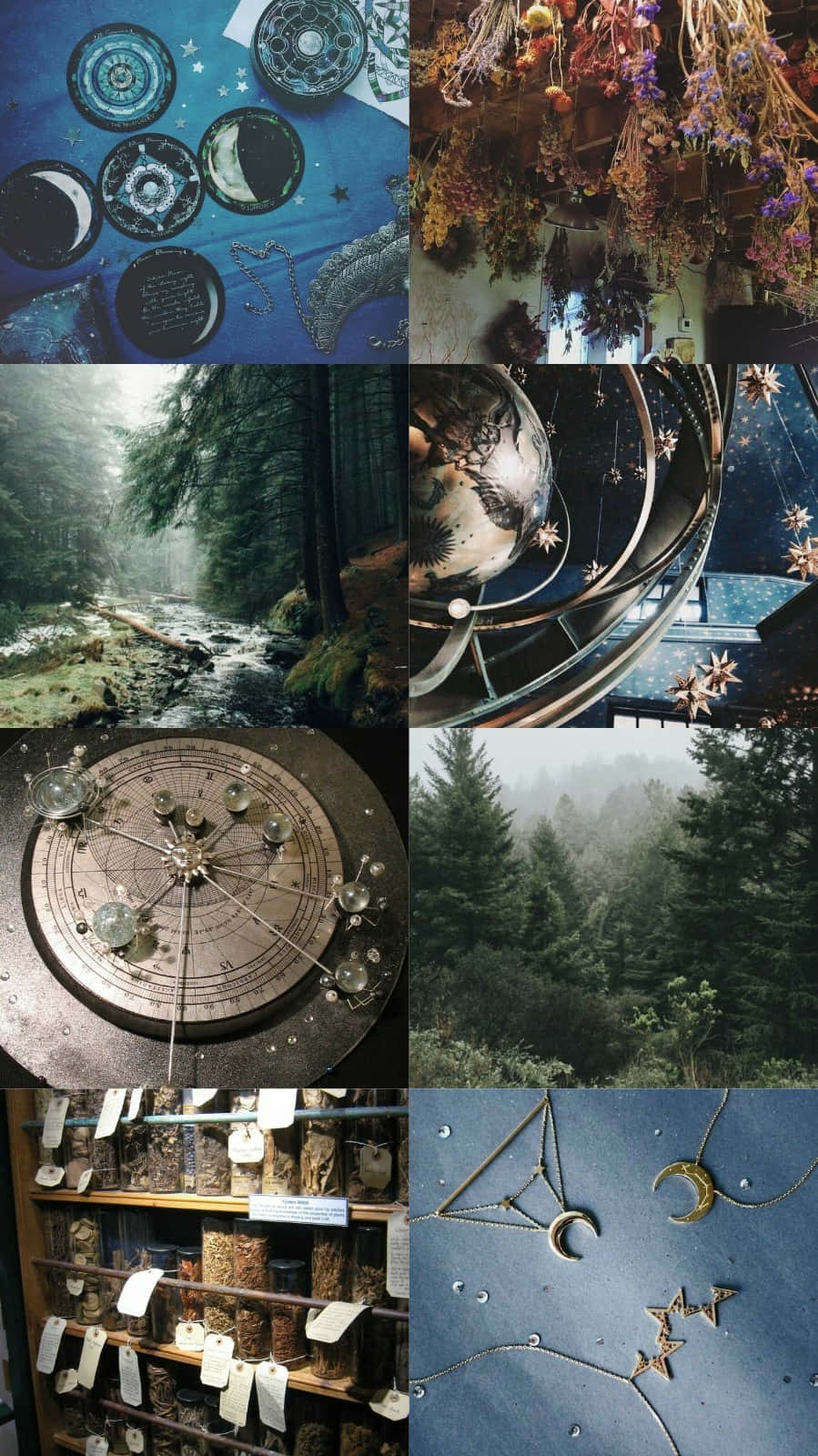  壁紙 — 神秘天體圖像拼貼，包括月相、乾花、森林溪流和星空下的神秘儀器。