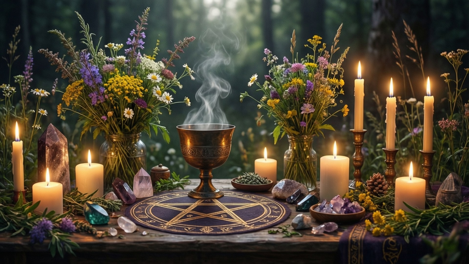 Enchanted Altar Glow 壁紙 — 森林空地上的神秘祭壇，一個冒煙的青銅聖杯放在五角星墊上，周圍環繞著點燃的蠟燭、野花和水晶。