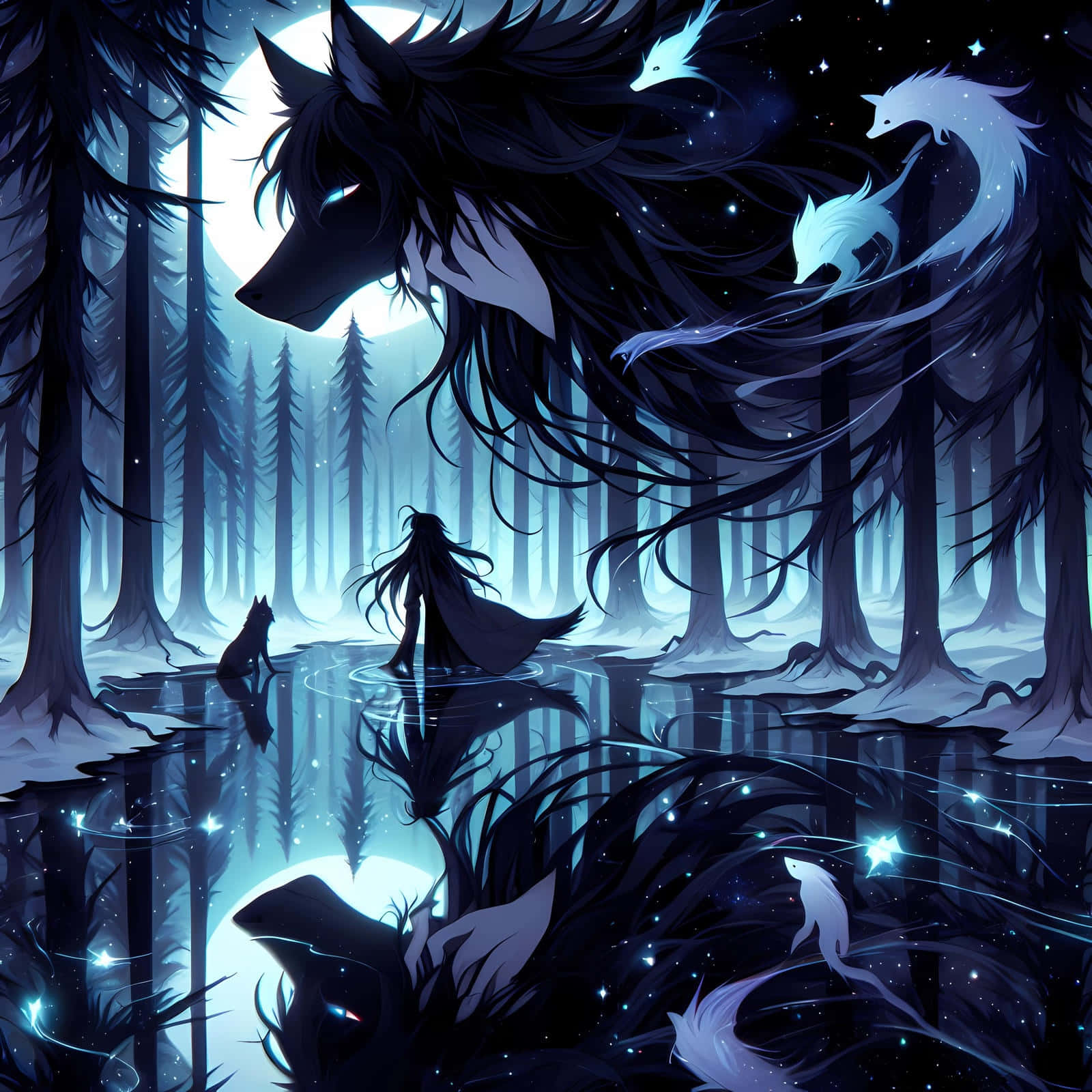  壁紙 — 夜晚的神秘森林，有巨狼靈和發光的狐狸，滿月倒映在水中。