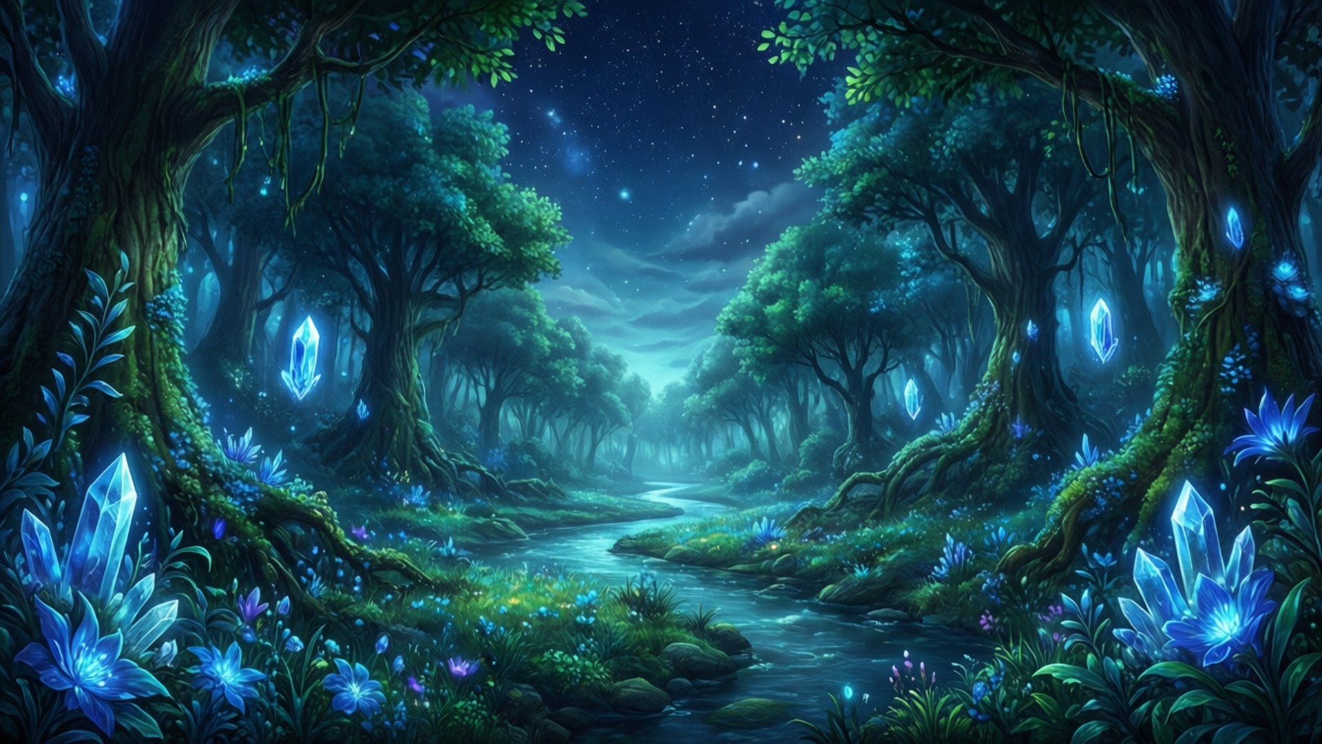 YuzuSoft 桌布 壁紙 — 星空下，一條蜿蜒的河流兩旁排列著發光的藍色水晶和花朵的神秘夜晚森林。