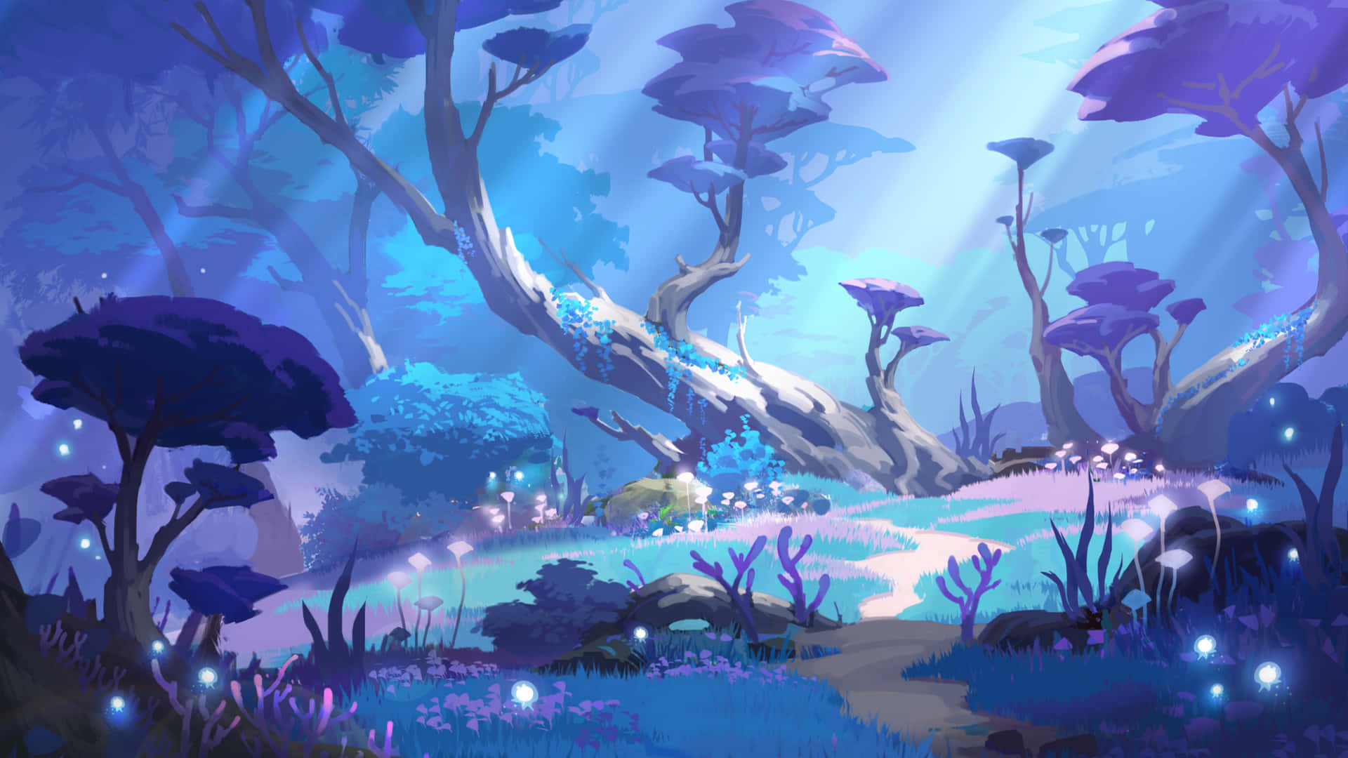  壁紙 — 一片神秘的森林沐浴在空靈的藍光中，發光的植物和扭曲的古樹投下長長的陰影。