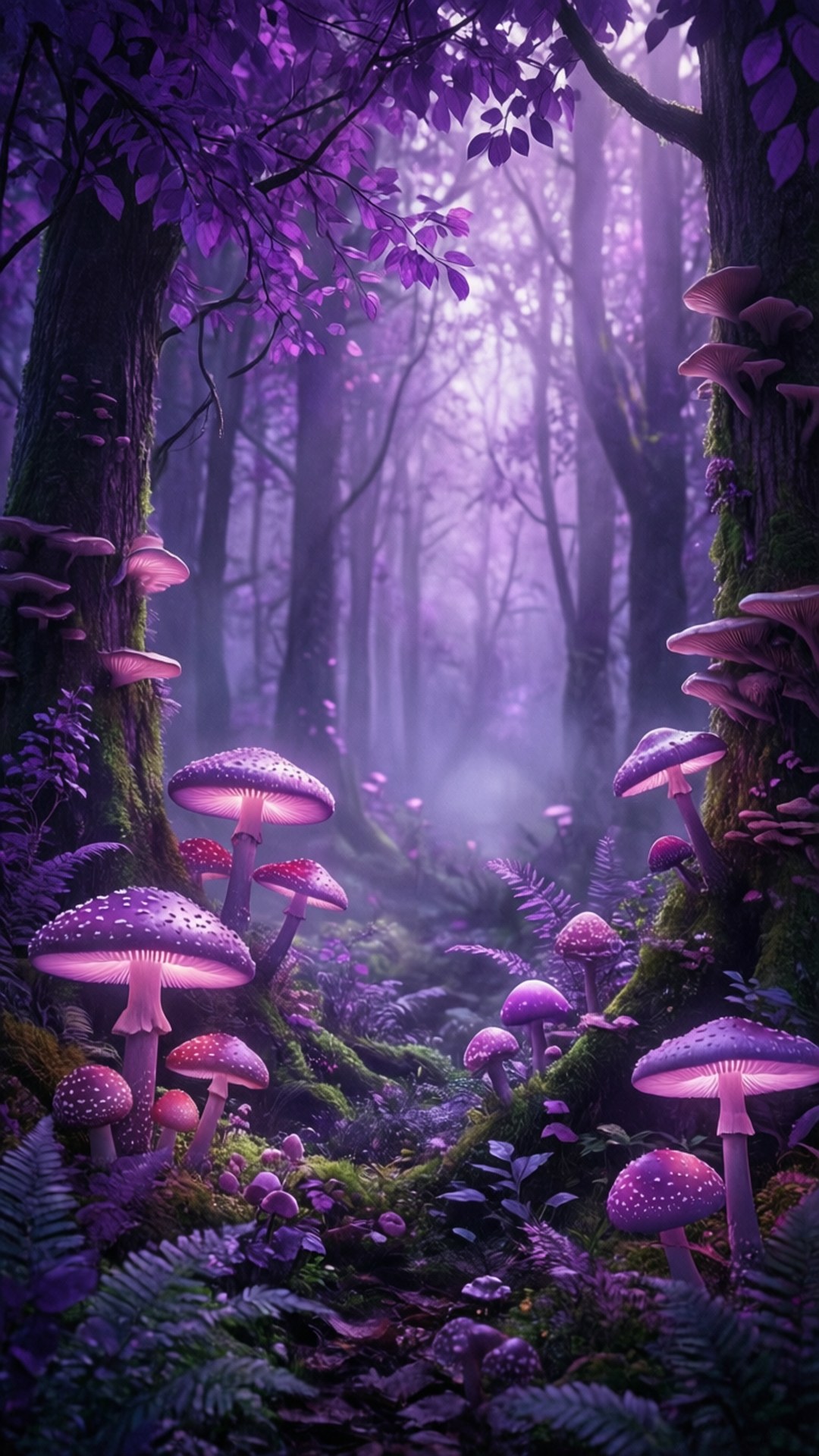Fairy Forest Glow 壁紙 — 一片神秘的森林沐浴在空靈的紫色光芒中，有發光的蘑菇和長滿苔蘚的樹木。