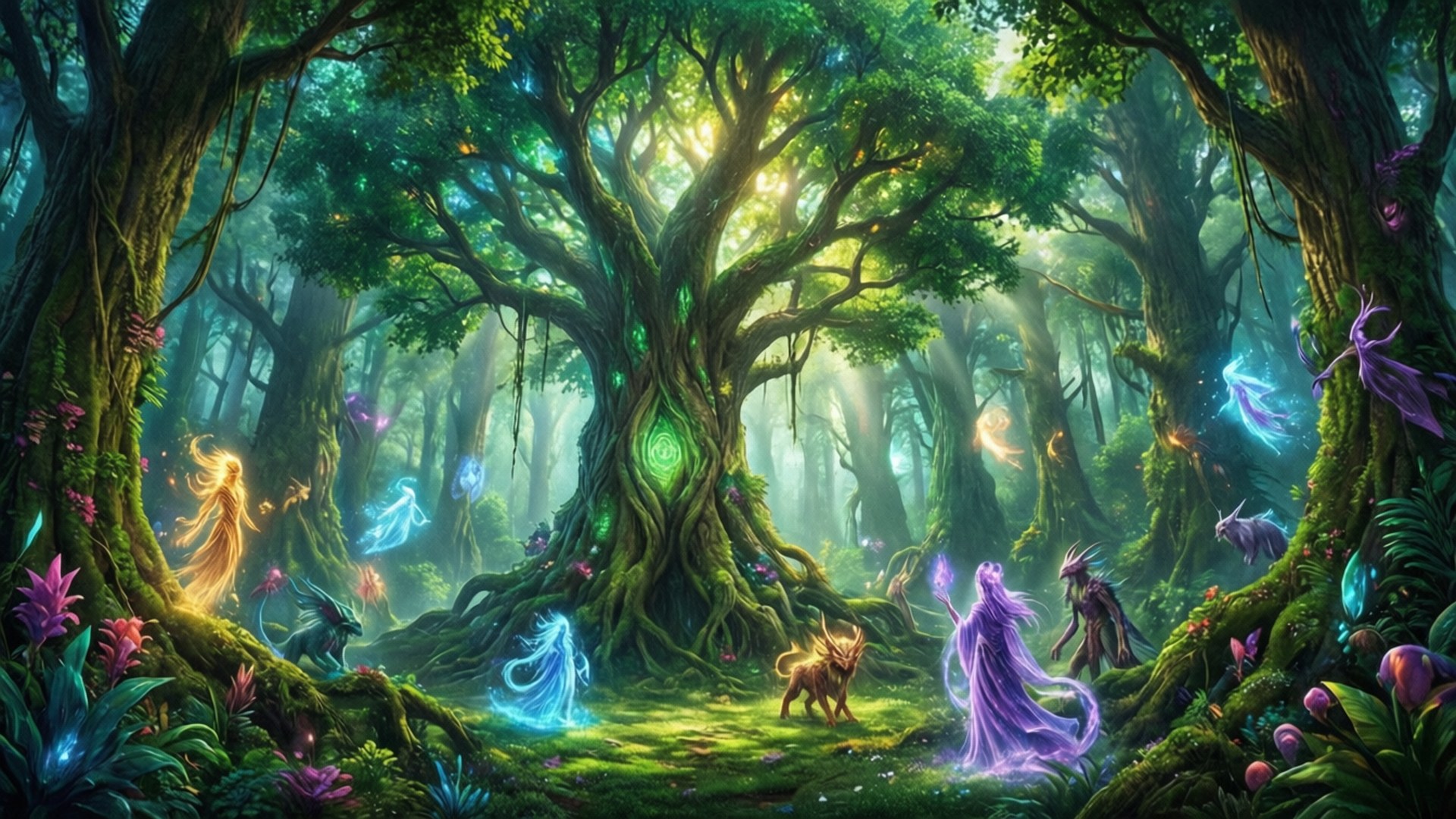 Heart Kingdom's Magic 壁紙 — 一片神秘的森林閃爍著翠綠的光芒，發光的仙女和一位身穿紫色長袍的人物聚集在一棵巨大的古樹周圍。