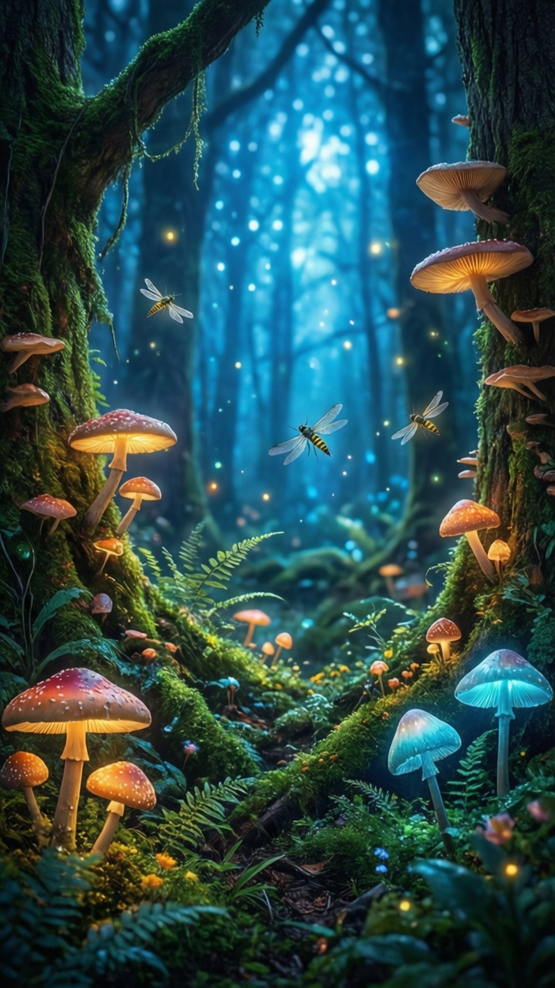 Enchanted Glowing Forest 壁紙 — 一條神秘森林小徑，在藍色暮光下閃爍著生物發光蘑菇和螢火蟲。