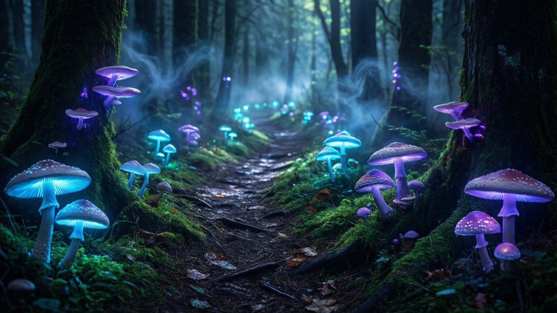 Bioluminescent Forest Trail 壁紙 — 一條神秘森林小徑，兩旁長滿發光的藍色和紫色蘑菇，樹木籠罩在薄霧中。