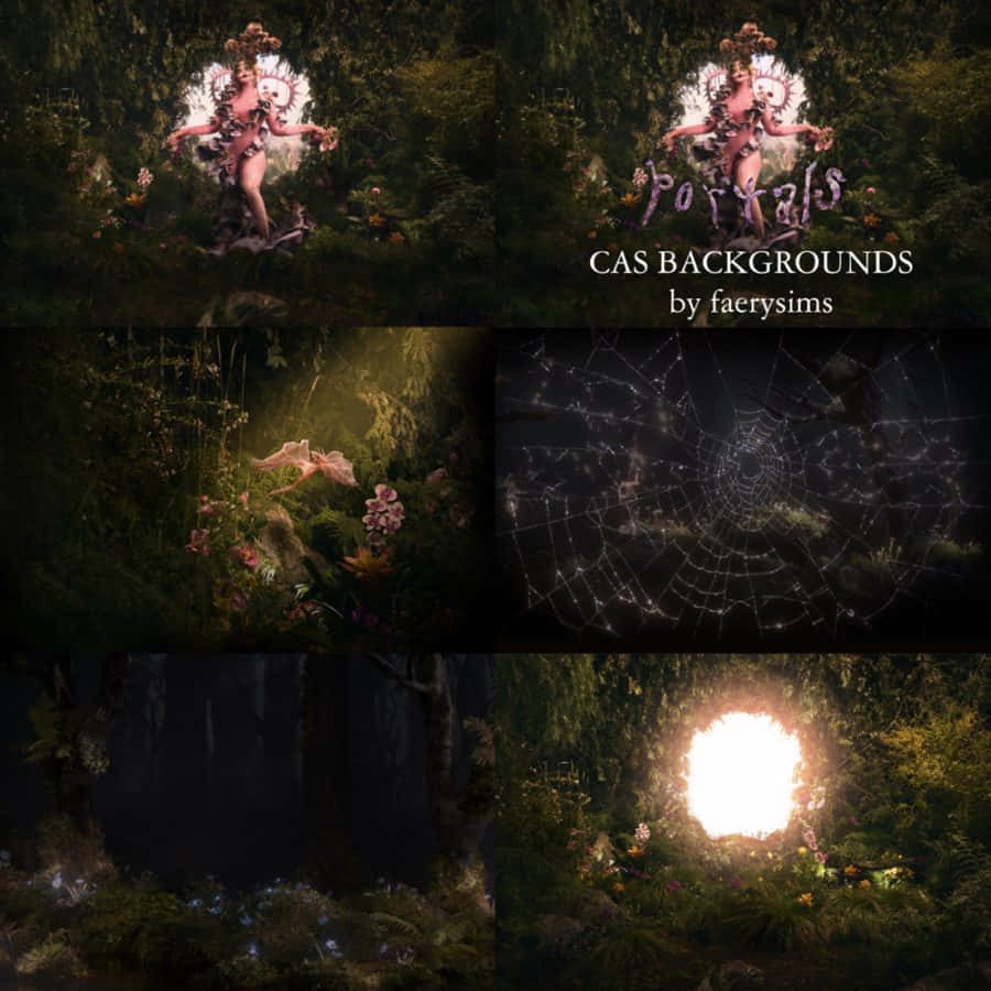  壁紙 — 神秘的森林場景，有發光的傳送門、燦爛的陽光和一個在茂密綠意中發光的仙女身影。