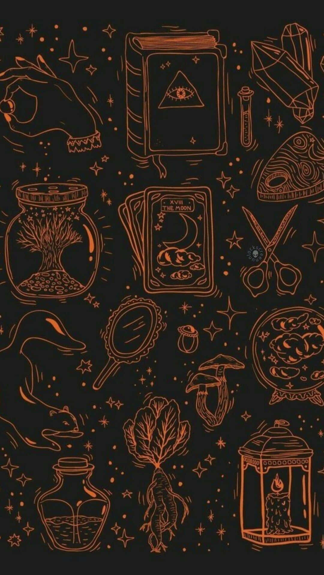  壁紙 — 神秘橙色線條藝術壁紙，以深色星空為背景，包含塔羅牌、水晶和月亮眼書本等神秘符號。
