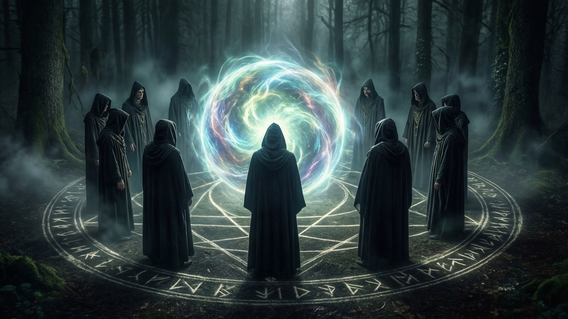 AUM: The Cult At The End Of The World 桌布 壁紙 — 身穿黑色斗篷的神秘主義者站在迷霧森林的圓圈中，圍繞著一個散發著空靈光芒的旋轉宇宙傳送門。