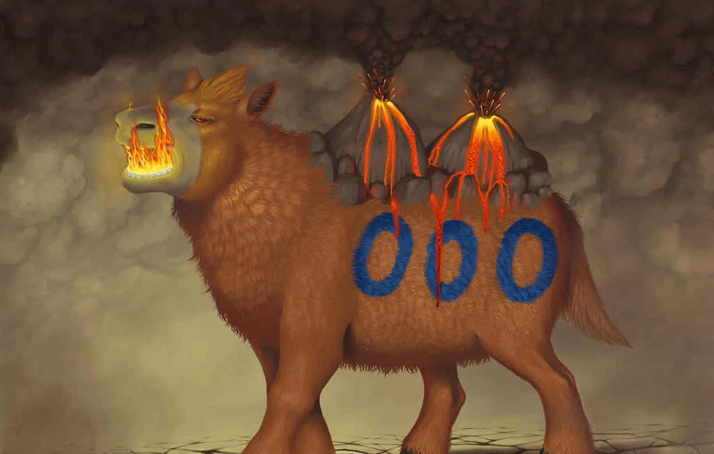 神話中的野獸，背上有火山，在暴風雨的天空下從口中噴火 — 3D 壁紙