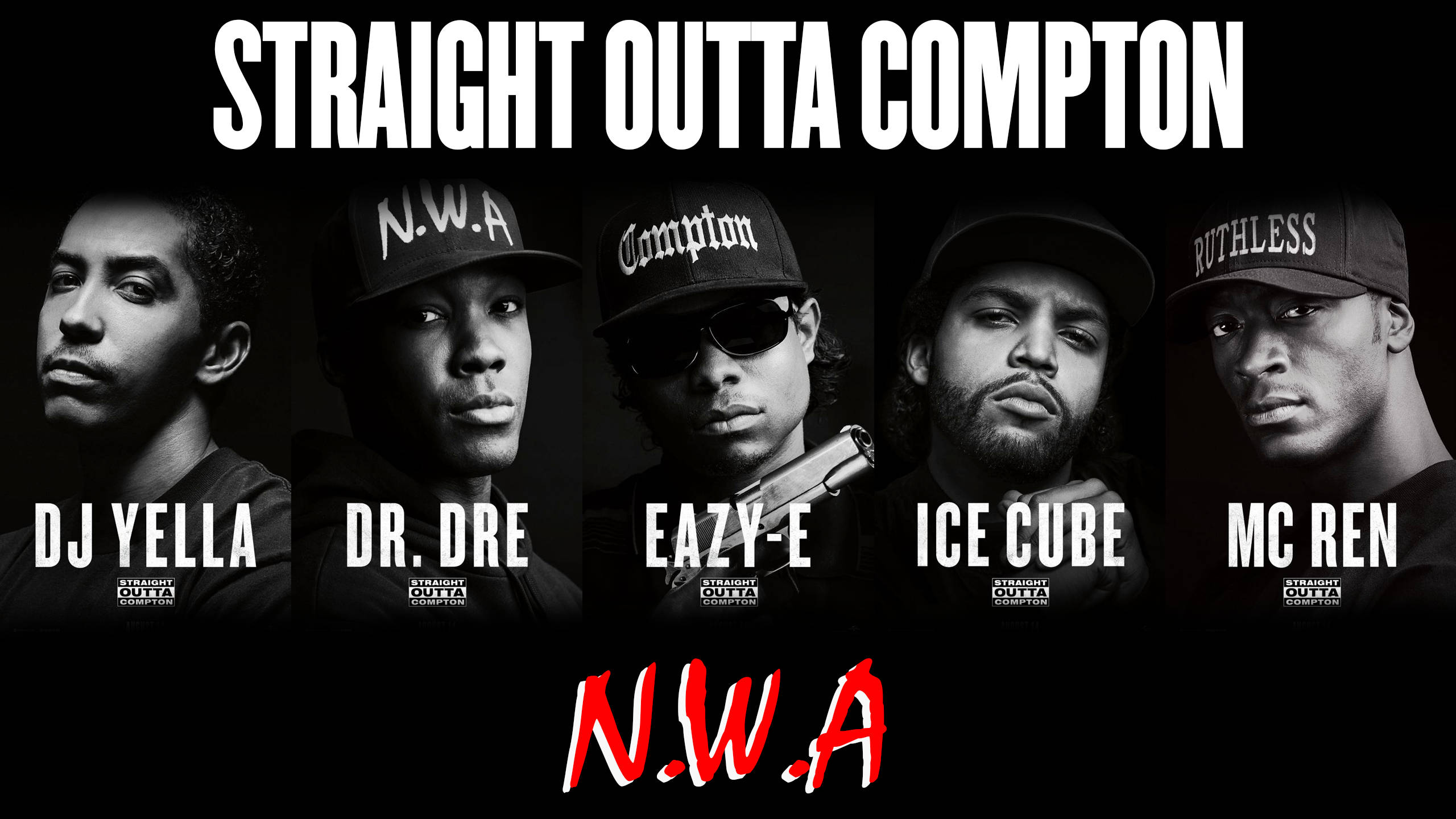 Ice Cube 桌布 壁紙 — N.W.A 成員 DJ Yella、Dr Dre、Eazy E、Ice Cube 和 MC Ren 的黑白肖像，配有粗體文字和紅色標誌。