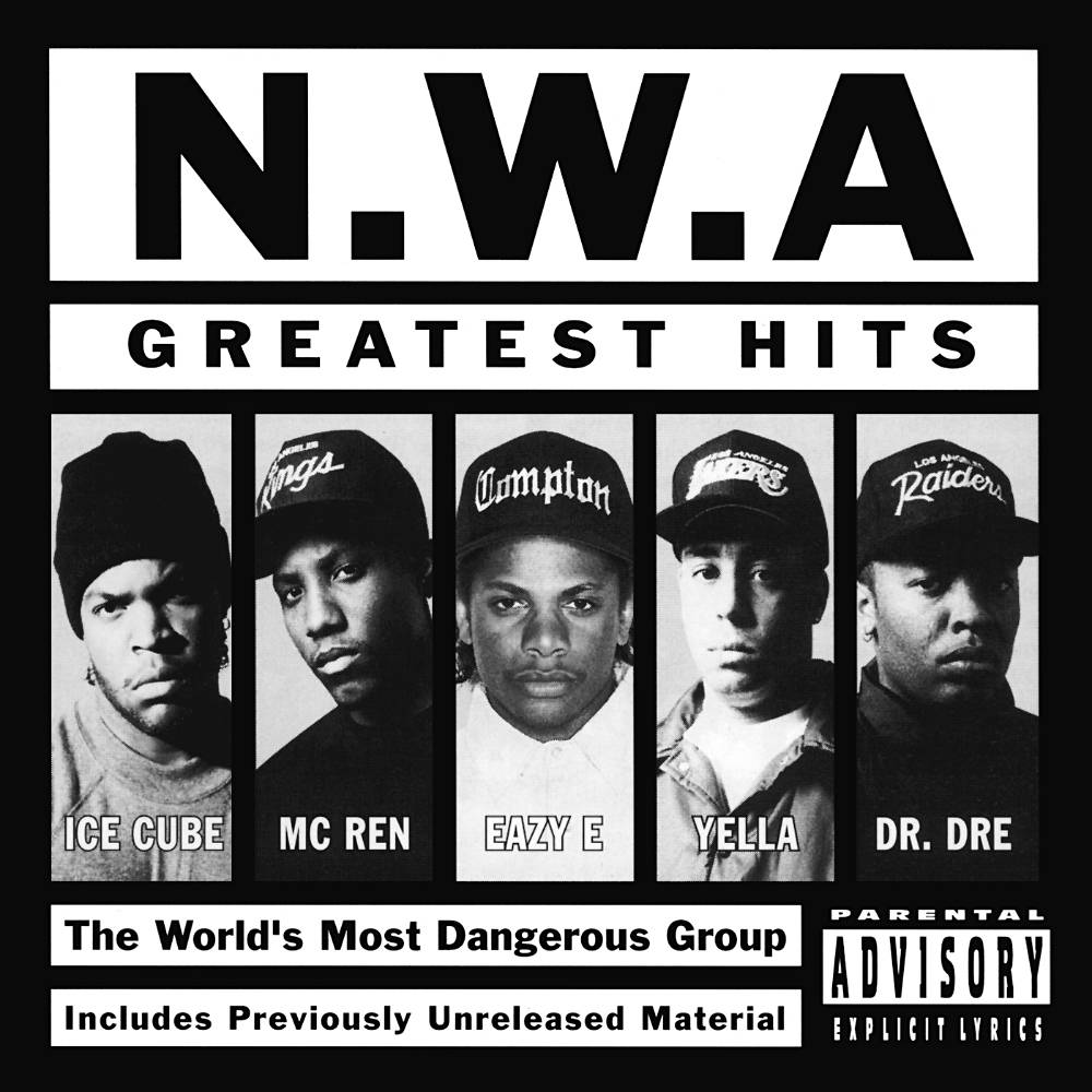 Ice Cube 桌布 壁紙 — N.W.A 的黑白專輯封面，五位成員戴著帽子，粗體文字和家長指引標籤。