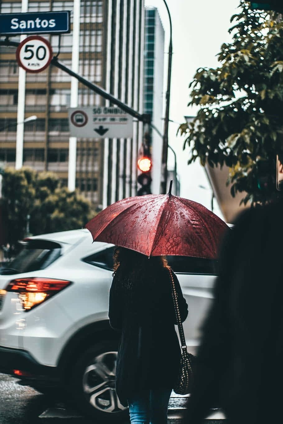  壁紙 — 一個拿著紅色雨傘的人走過一條有高樓大廈和閃爍交通燈的雨中城市街道。