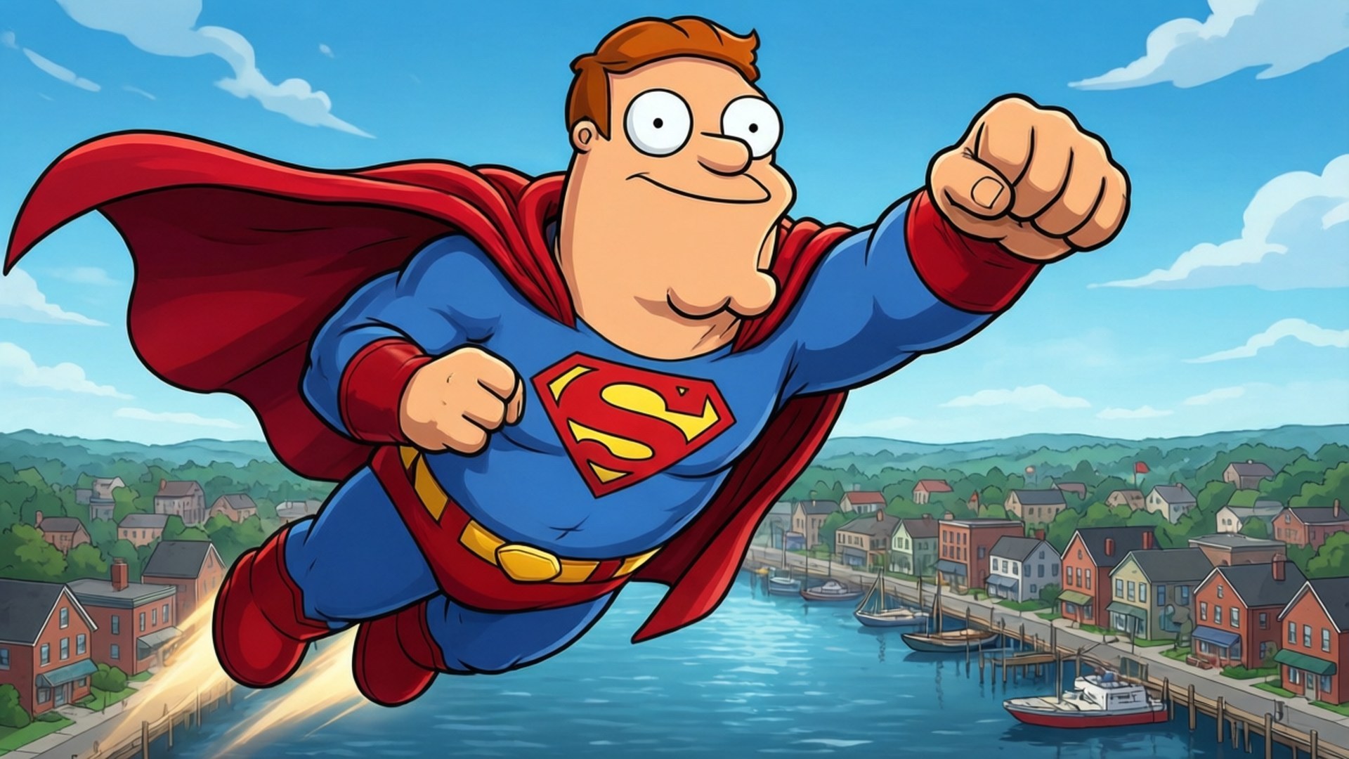 Super Peter 壁紙 — 《乃出個未來》的彼得·格里芬以超人姿態飛越河邊小鎮，紅色斗篷飄揚，露出堅定的笑容。