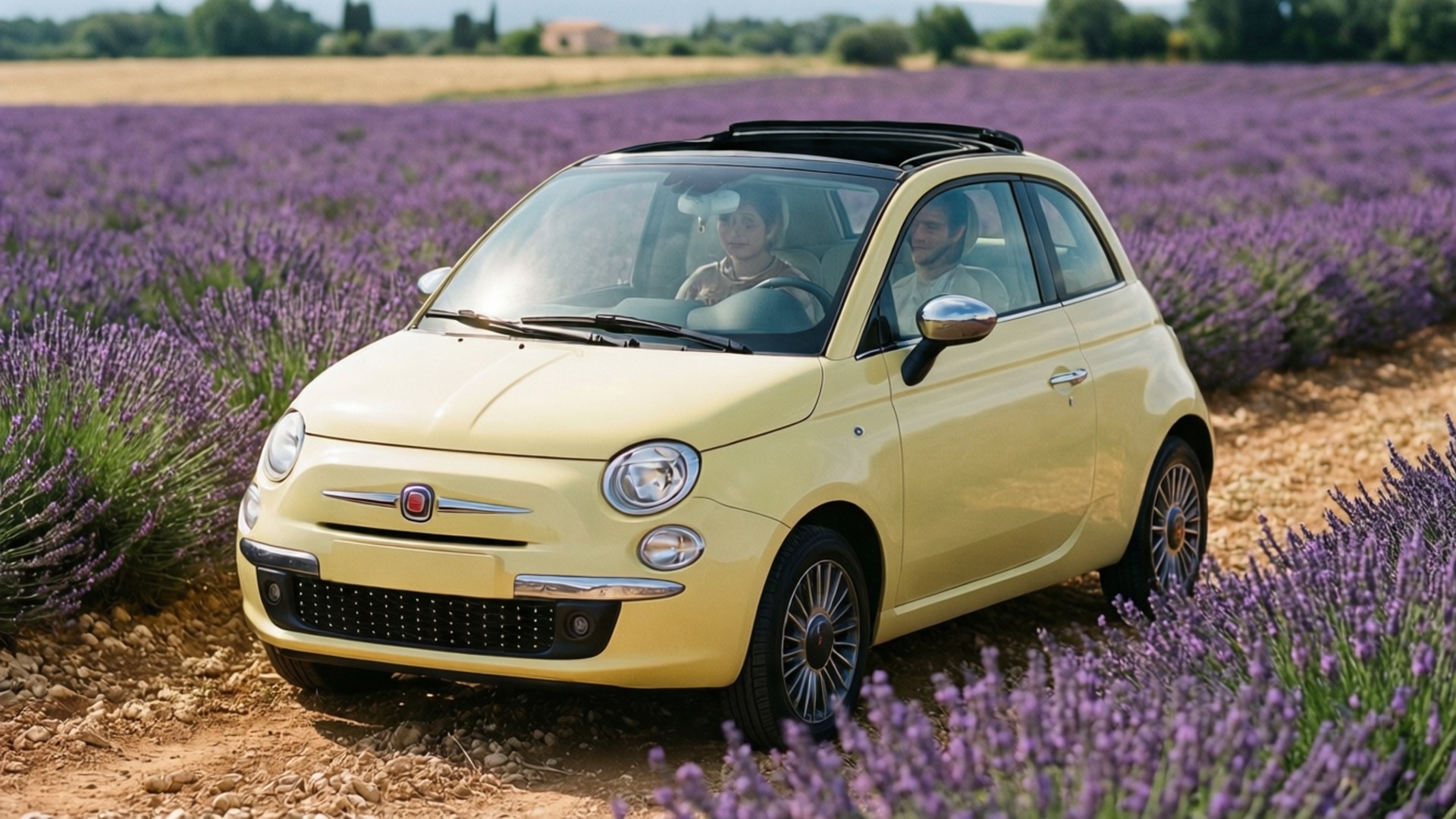 Fiat 桌布 壁紙 — 一輛 奶黃色 的 菲亞特 500 在 明亮 的 日光 下 穿過 充満 活力 的 紫色 薰衣草 田。