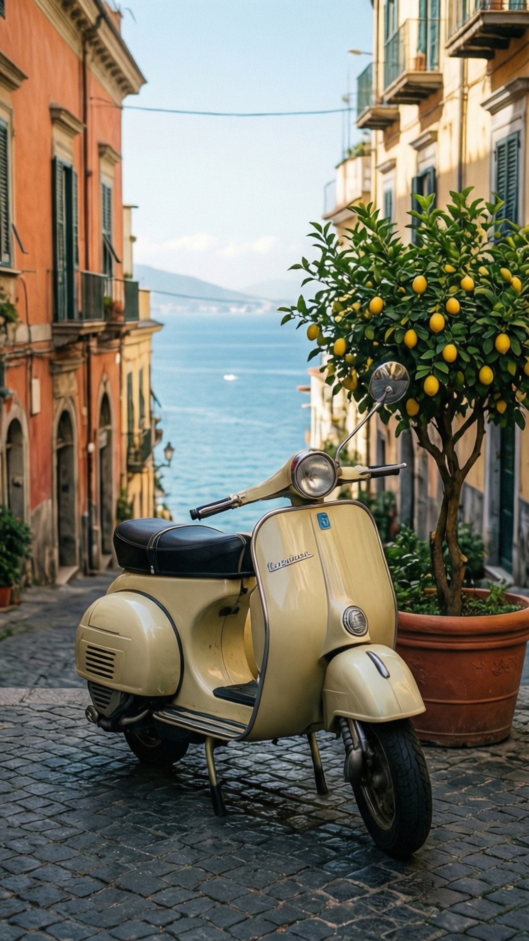 Vespa Napoli 壁紙 — 一台奶油色復古Vespa機車停泊在鵝卵石街道上，旁邊有一盆檸檬樹，俯瞰藍色大海。