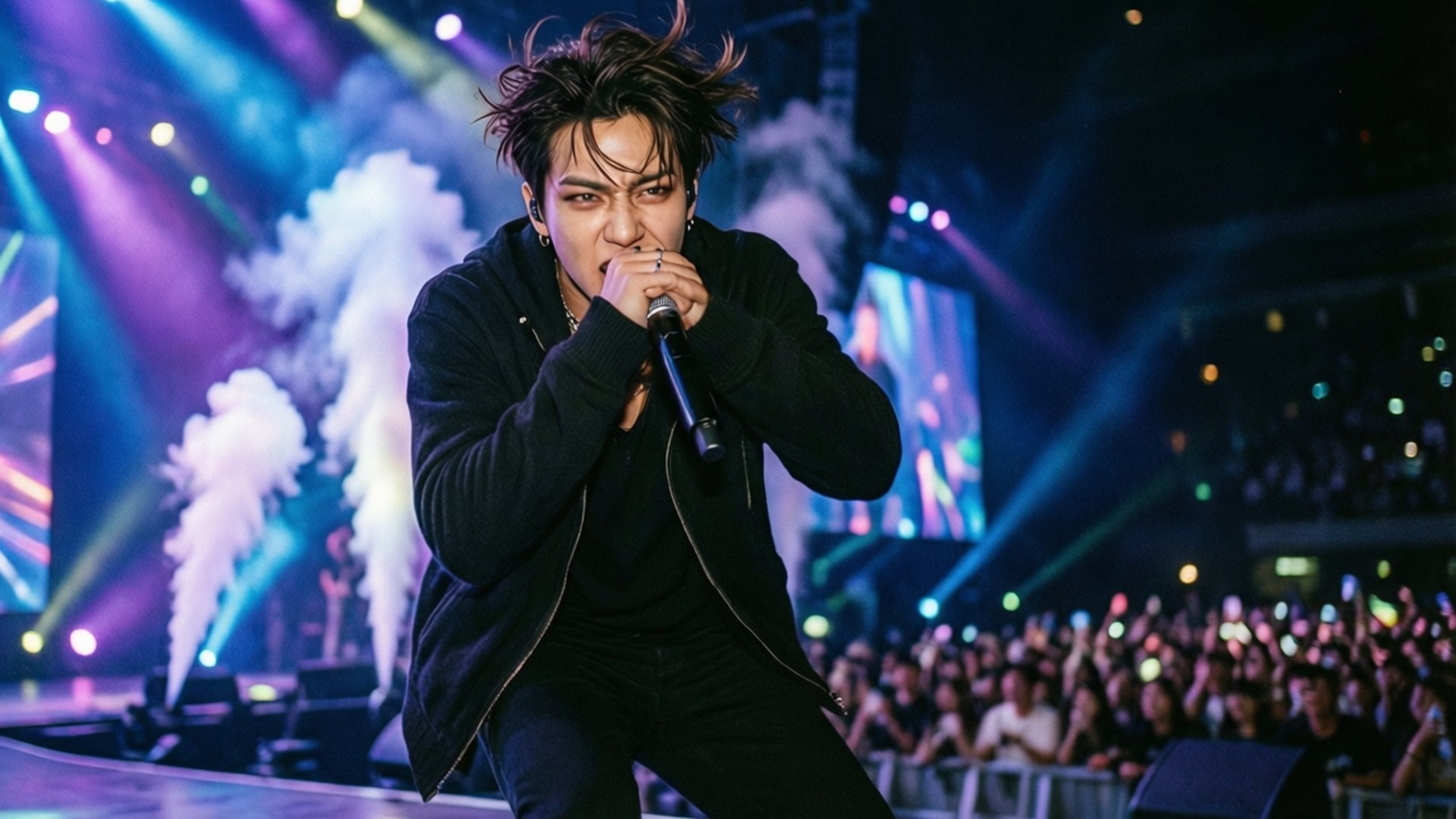 Bobby On Stage 壁紙 — 一位身穿黑色服裝的男歌手在充滿活力的舞台燈光和煙霧效果下，熱情地對著麥克風演唱，身後是熱情的觀眾。