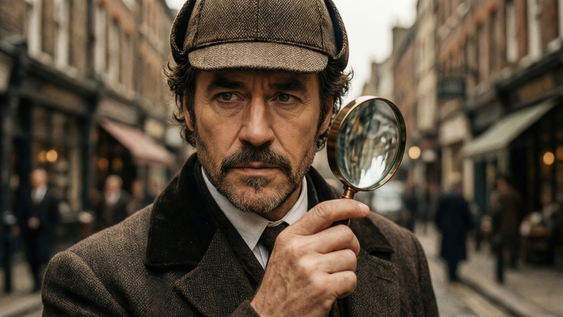Sherlock Holmes Look 壁紙 — 一個戴著棕色粗花呢帽和穿著外套的男人在雨天的城市街道上將放大鏡放在眼前。