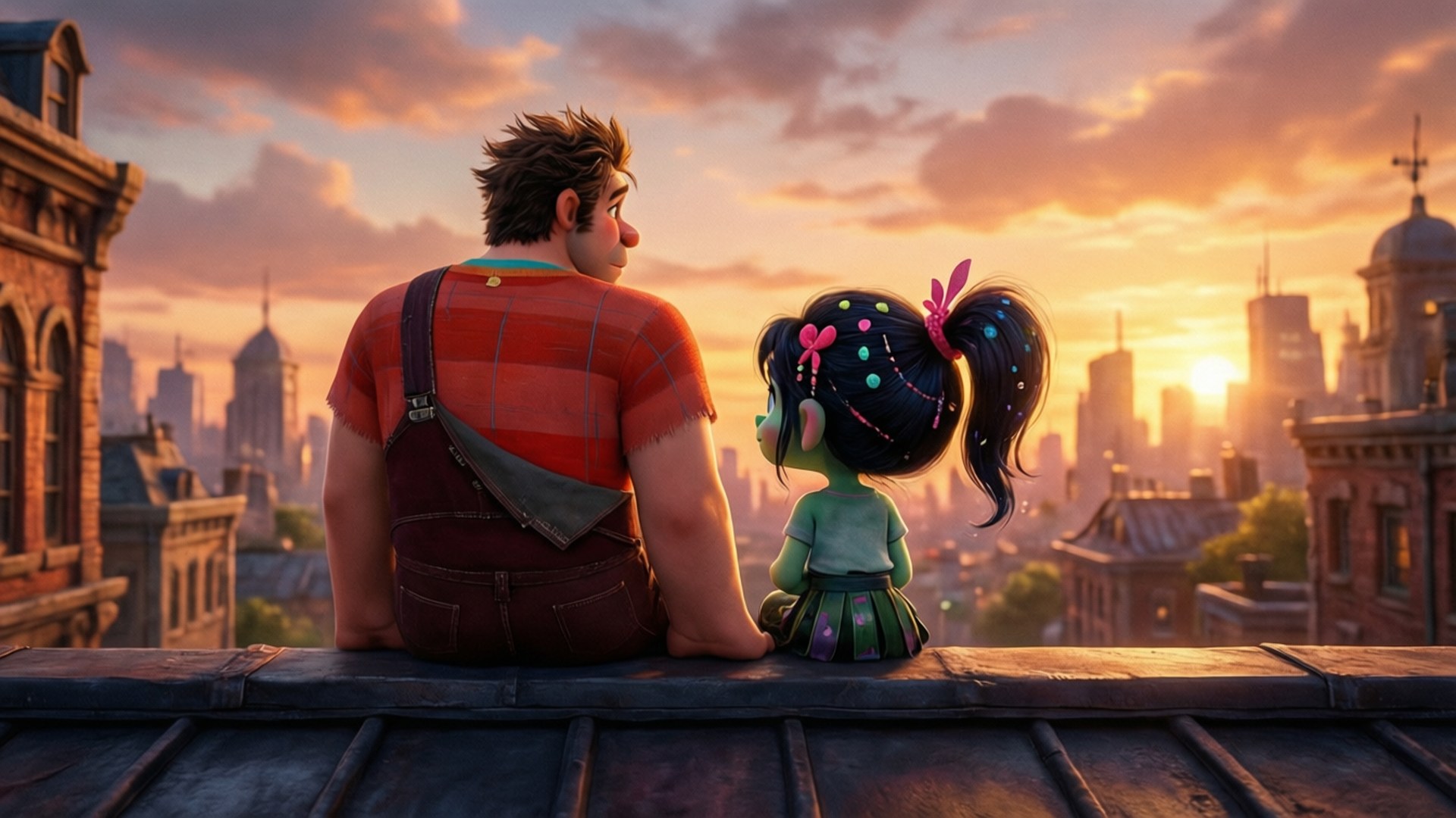 Ralph and Vanellope Sunset 壁紙 — 一個男人和一個女孩並排坐在屋頂上，俯瞰夕陽下城市天際線，溫暖的橙色和粉紅色雲彩。
