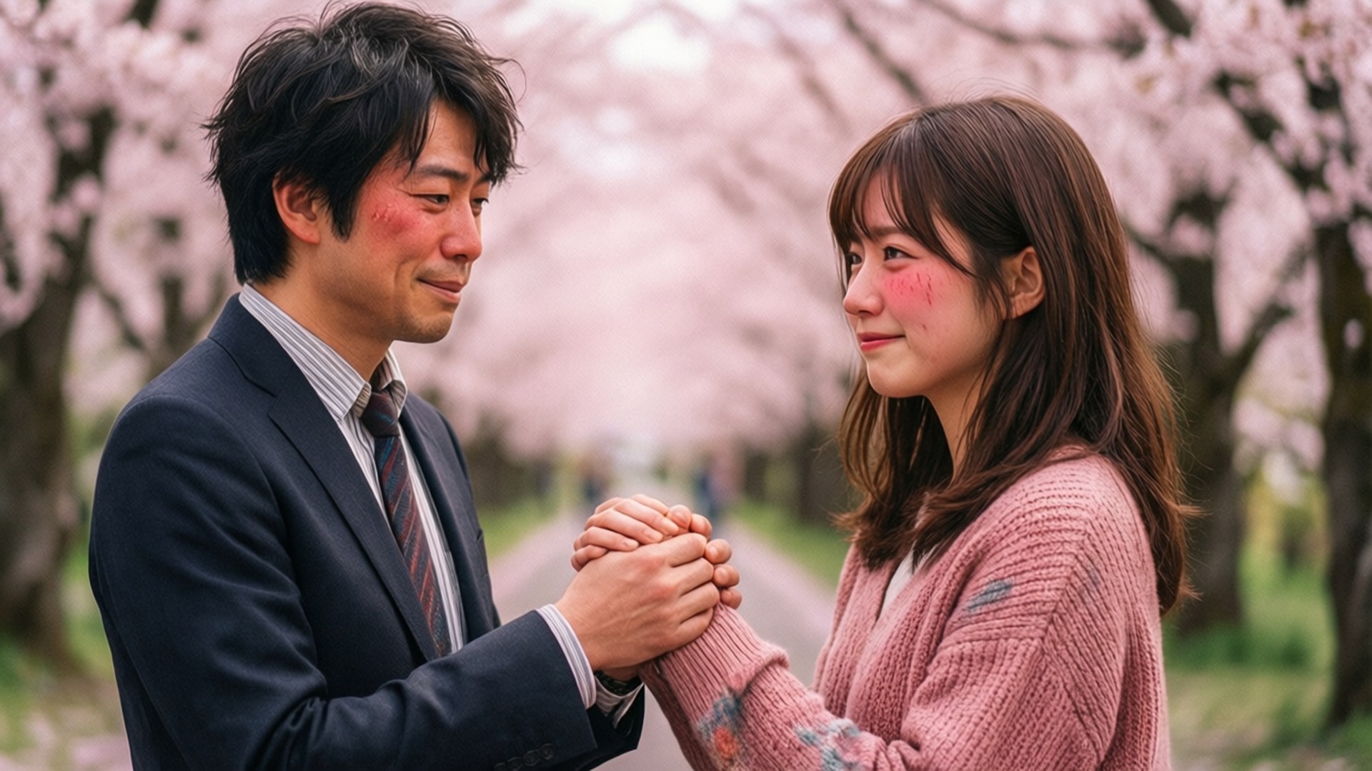Takeo and Rinko Cherry Blossoms 壁紙 — 一名穿著西裝的男人和一名穿著粉紅色毛衣的女人在盛開的櫻花下牽手，臉頰粉紅。