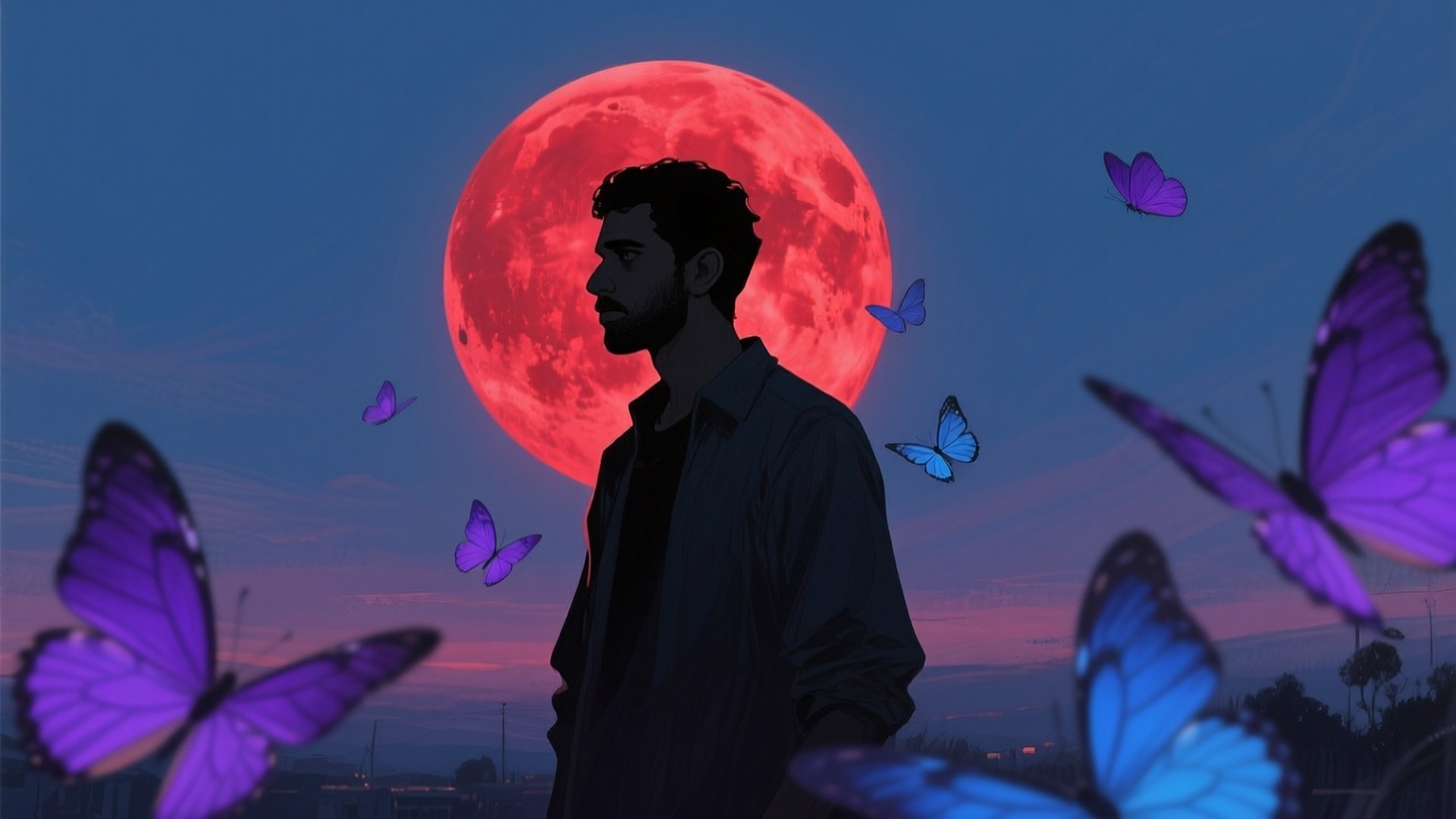 Douma under Red Moon 壁紙 — 一個男人以剪影站在巨大的紅月亮前，紫色和藍色的蝴蝶在暮色中圍繞他飛舞。