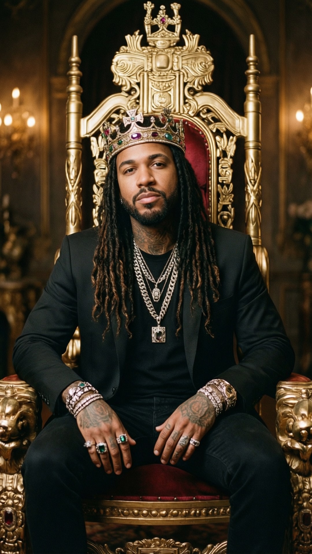 King of Bling 壁紙 — 一名留著辮子頭的男人威嚴地坐在華麗的金色王座上，戴著鑲有寶石的王冠和層疊的鏈條。
