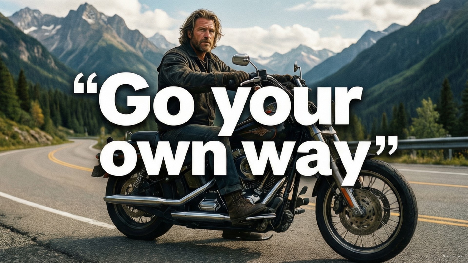 Go Your Own Way 壁紙 — 一個強壯的男人騎著黑色摩托車，在蜿蜒的山路上停下來，周圍是白雪覆蓋的山峰和常綠森林，天空部分多雲。