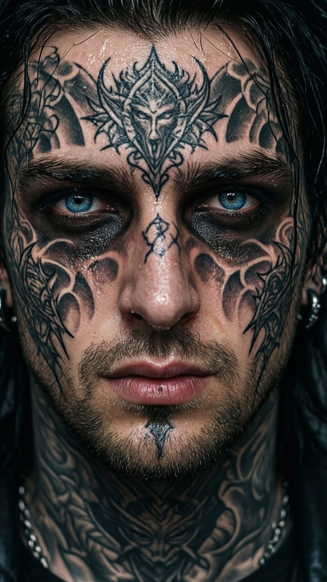 Tattooed Face 壁紙 — 一個擁有強烈藍色眼睛和複雜黑色刺青覆蓋臉部和頸部的男人直視鏡頭。