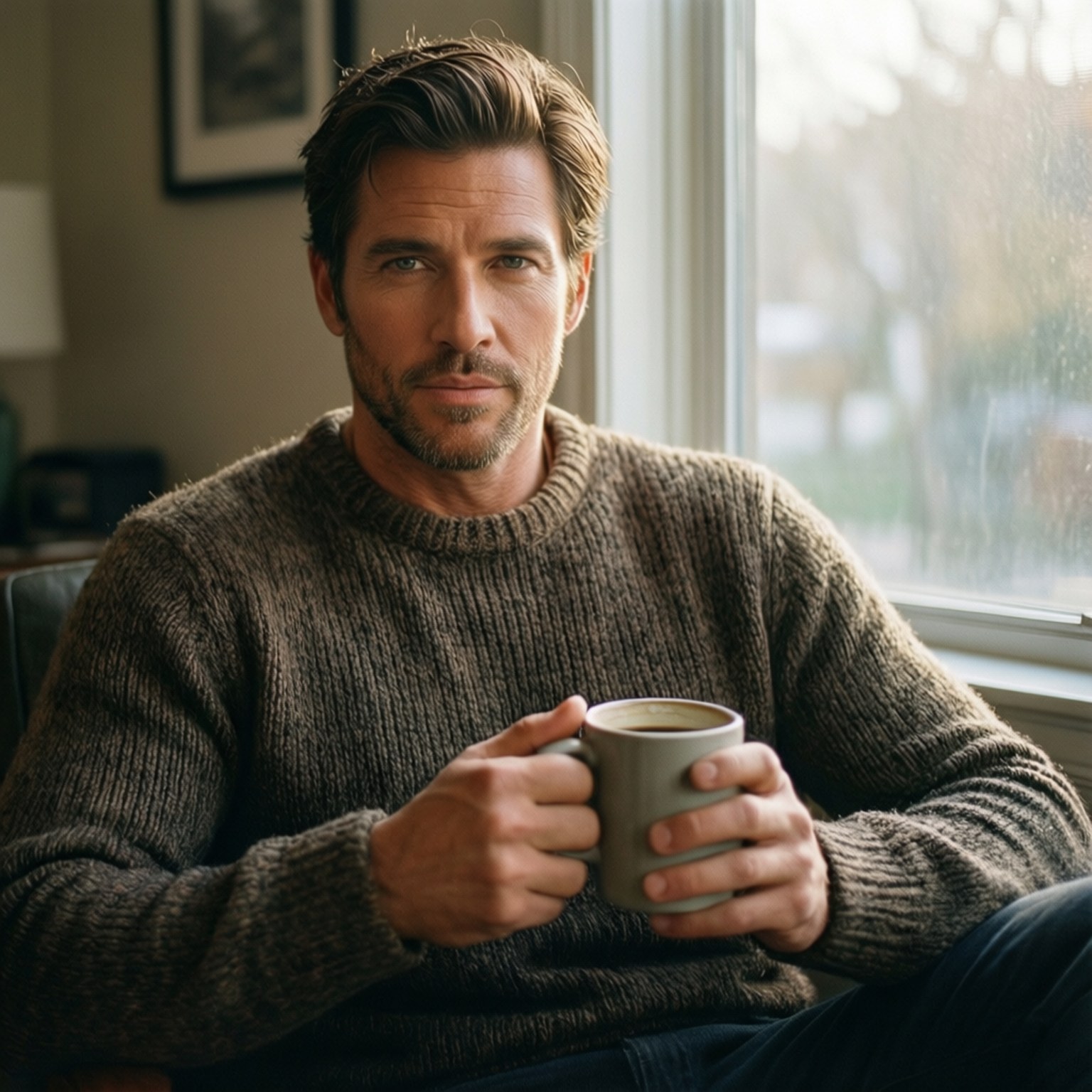Morning Coffee Calm 壁紙 — 一個留鬍鬚的男人坐在窗邊，穿著舒適的針織毛衣，手裡拿著一杯咖啡。