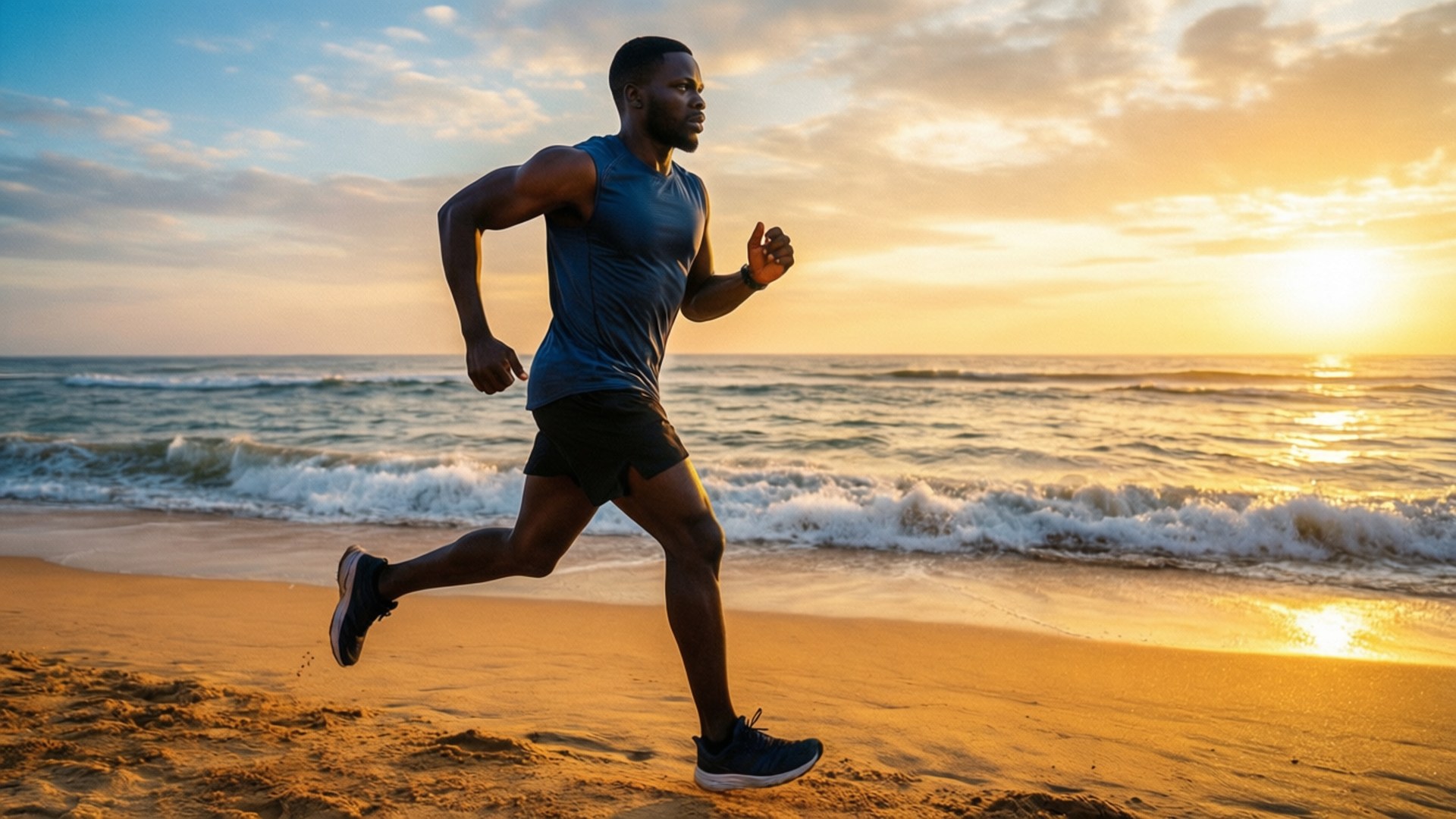 Sunrise Fitness 壁紙 — 一個肌肉發達的男人在日落時分沿著金色沙灘奔跑，身後波浪翻滾。