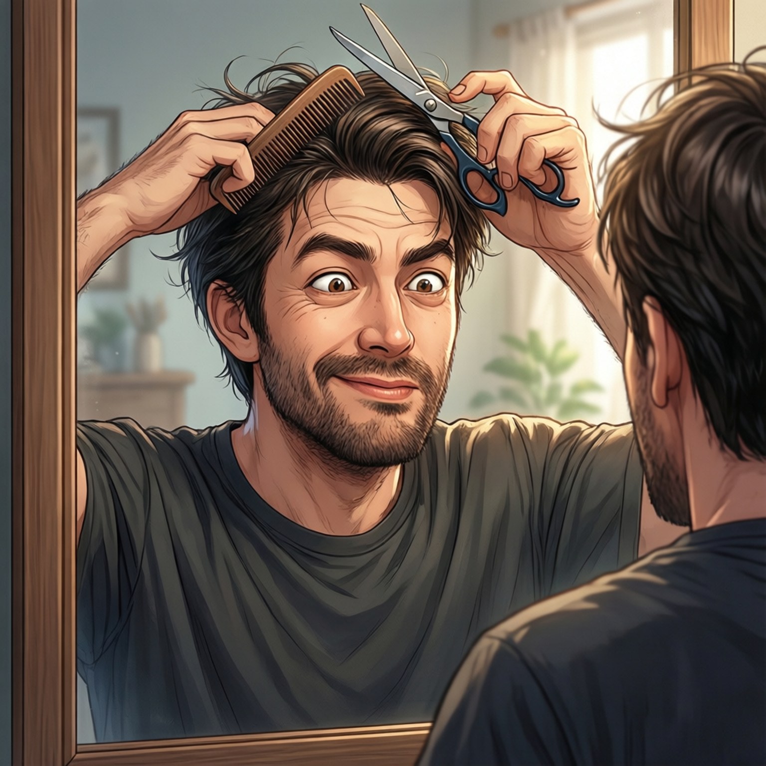 Hair Fix Moment 壁紙 — 一個留鬍鬚的男人在鏡子前用剪刀和梳子剪自己的頭髮，緊張地微笑。