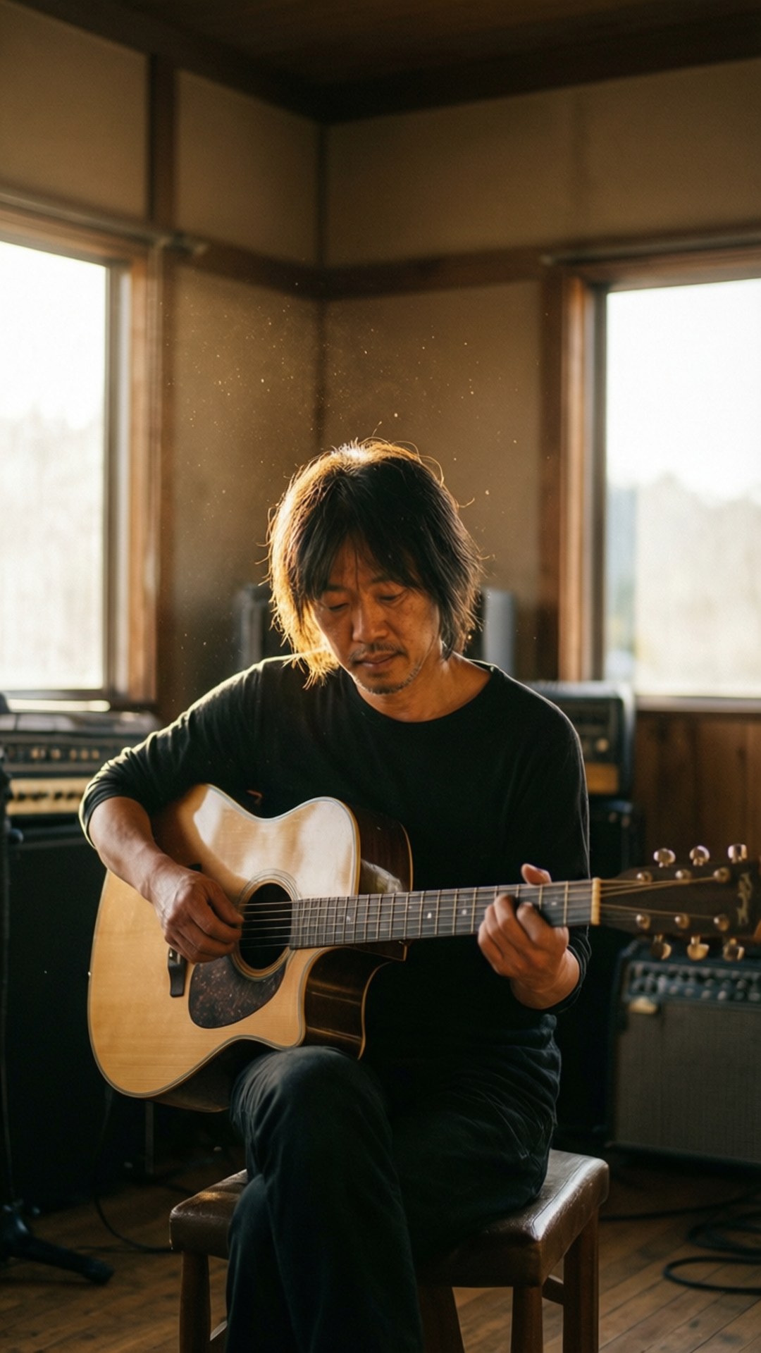 Music Room Sunshine 壁紙 — 一個頭髮蓬鬆的男人坐在木屋的凳子上彈奏木吉他，陽光透過窗戶照射進來，灰塵在空氣中飛舞。