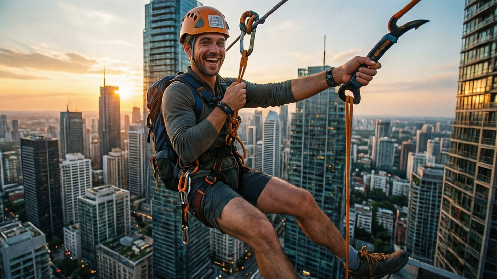 Pathfinder's Urban Zipline 壁紙 — 一個微笑的男人穿著攀岩裝備，在日落時分沿著摩天大樓下降，下方是城市景觀。