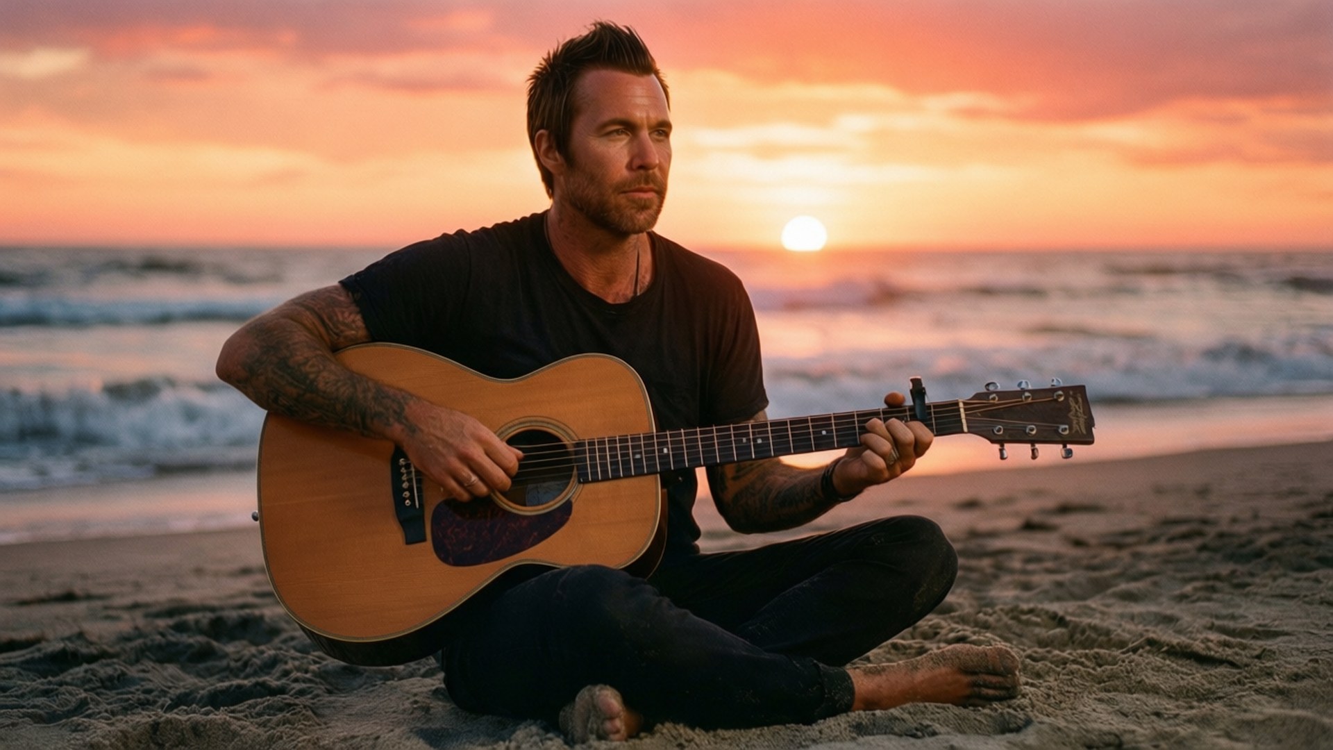 Beach Serenade 壁紙 — 一個有刺青的男人盤腿坐在沙灘上彈奏木吉他，夕陽在海洋上空以火熱的橙色和粉紅色調落下。