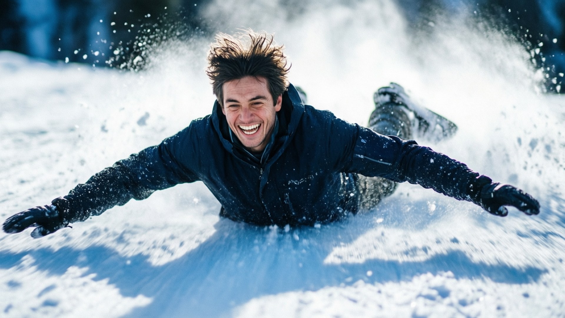 Migo Snow Sliding 壁紙 — 一個快樂的男人張開雙臂，在清新的雪中滑行，雪花在他周圍飛舞，他大笑著。