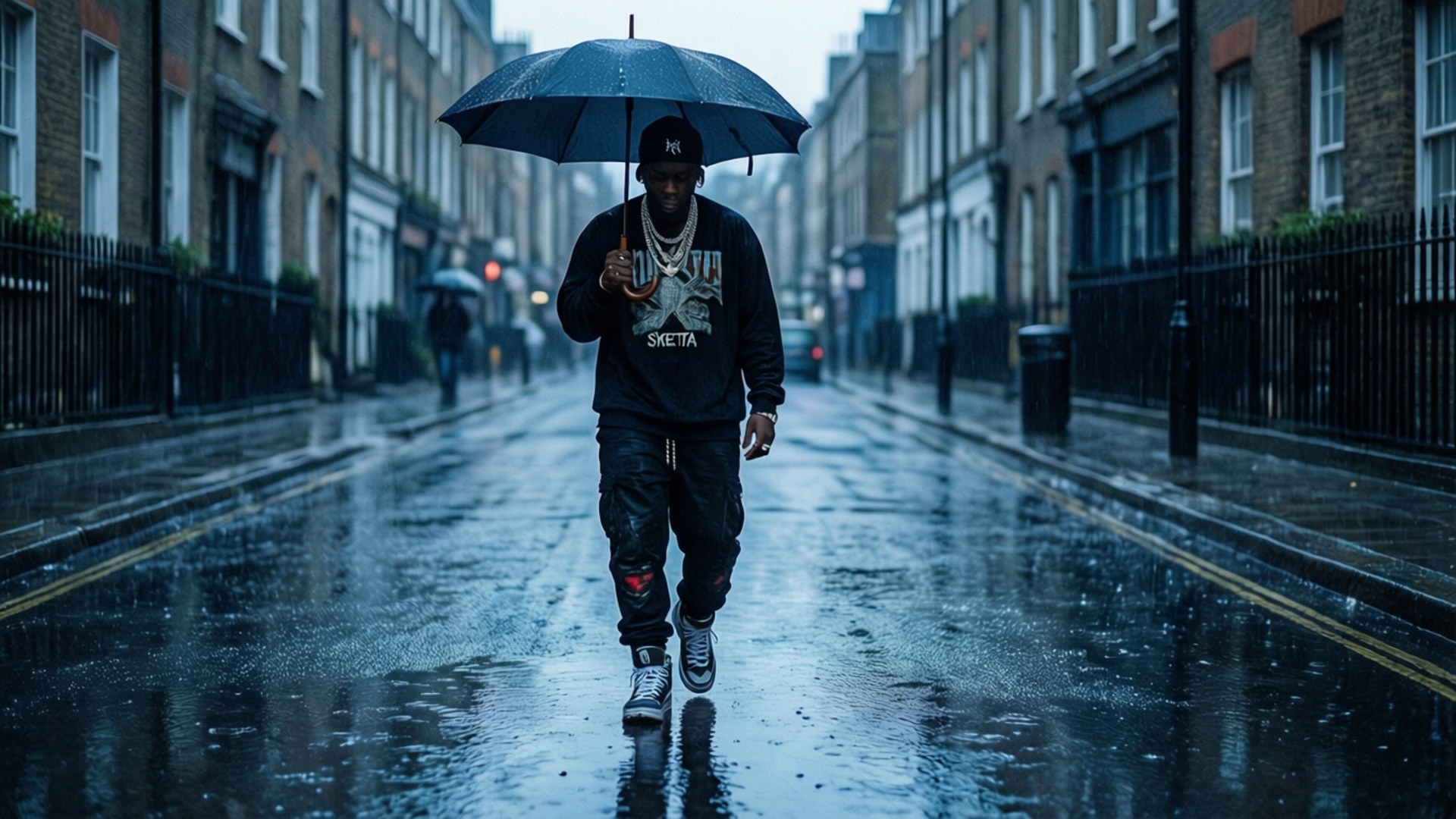 Skepta 桌布 壁紙 — 一個男人獨自走在濕漉漉的城市街道上，撐著一把黑色雨傘，雨水落下，倒影在人行道上閃爍。