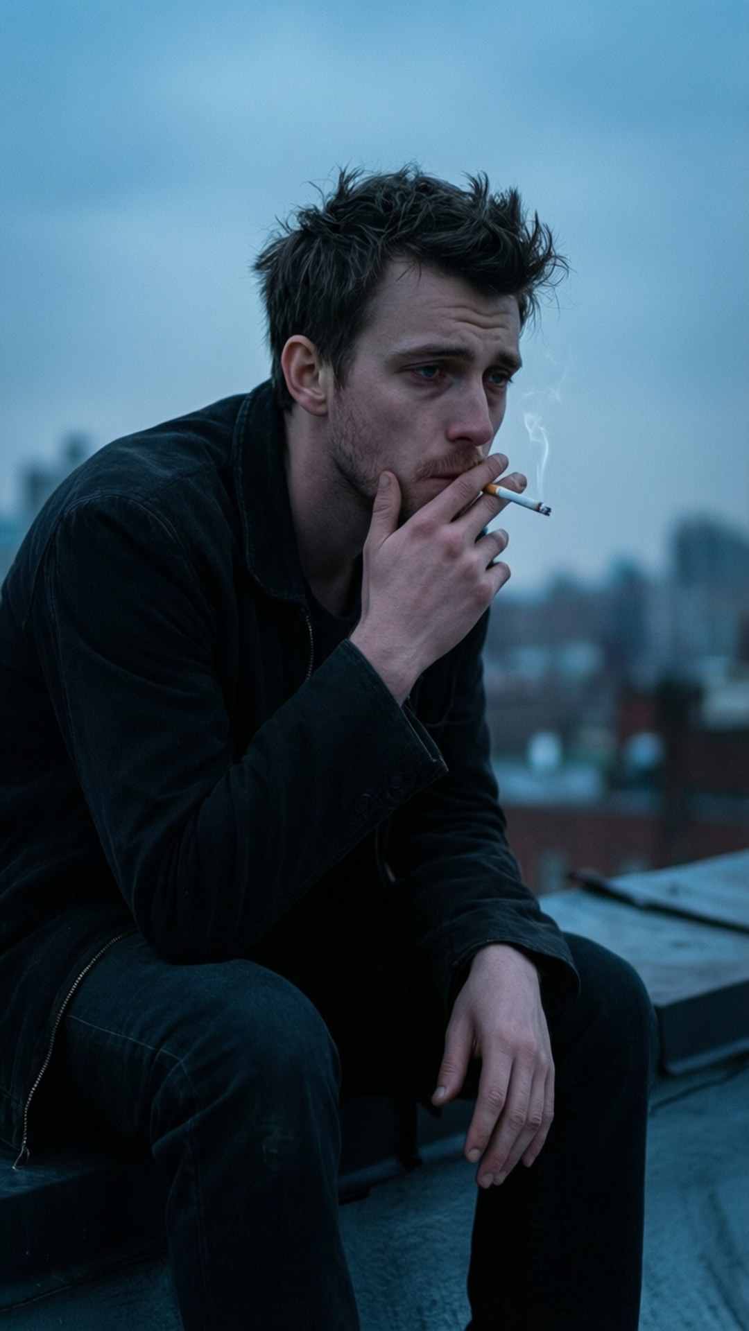 Melancholy Riley 壁紙 — 一個穿著黑色夾克的男人坐在屋頂上，在朦朧的藍色城市天際線背景下抽煙。