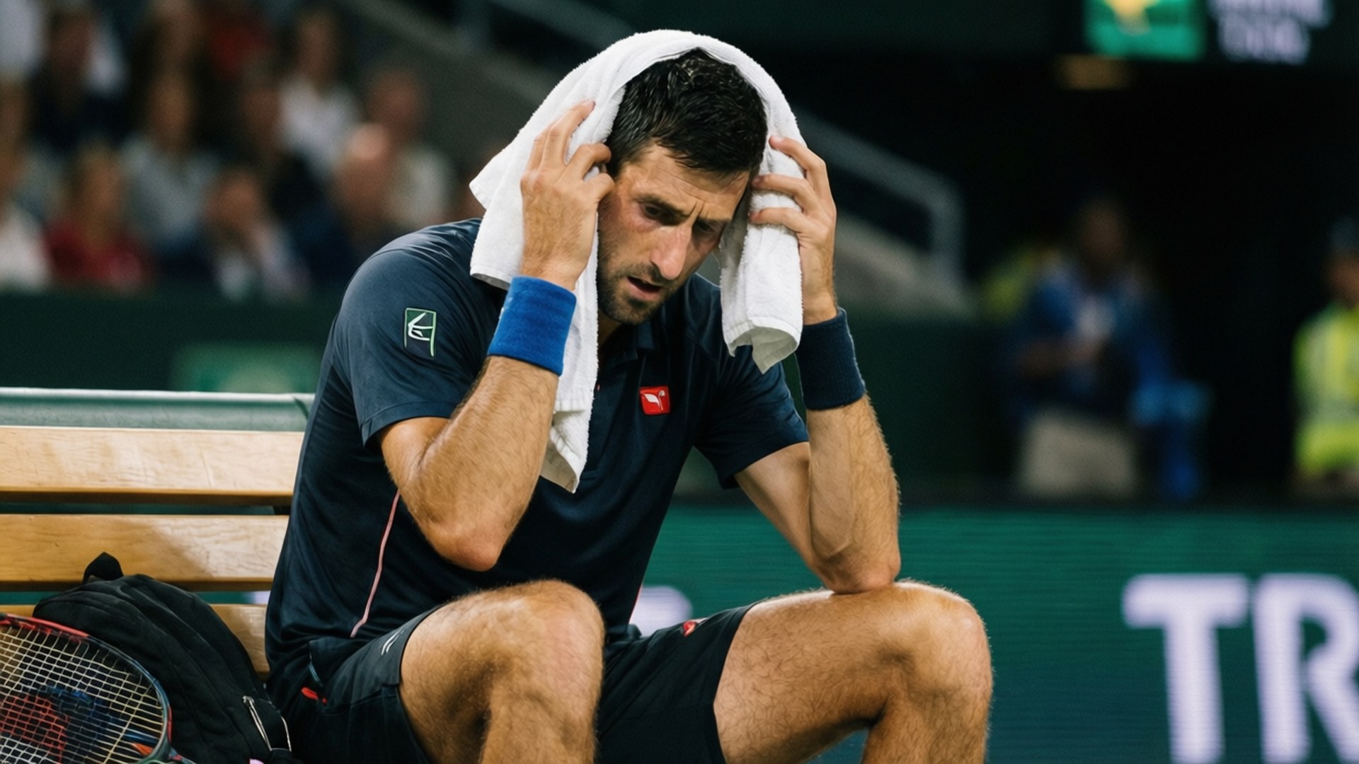 Djokovic Between Points 壁紙 — 一名男網球選手在比賽期間坐在長凳上，用白色毛巾擦去頭上的汗水。